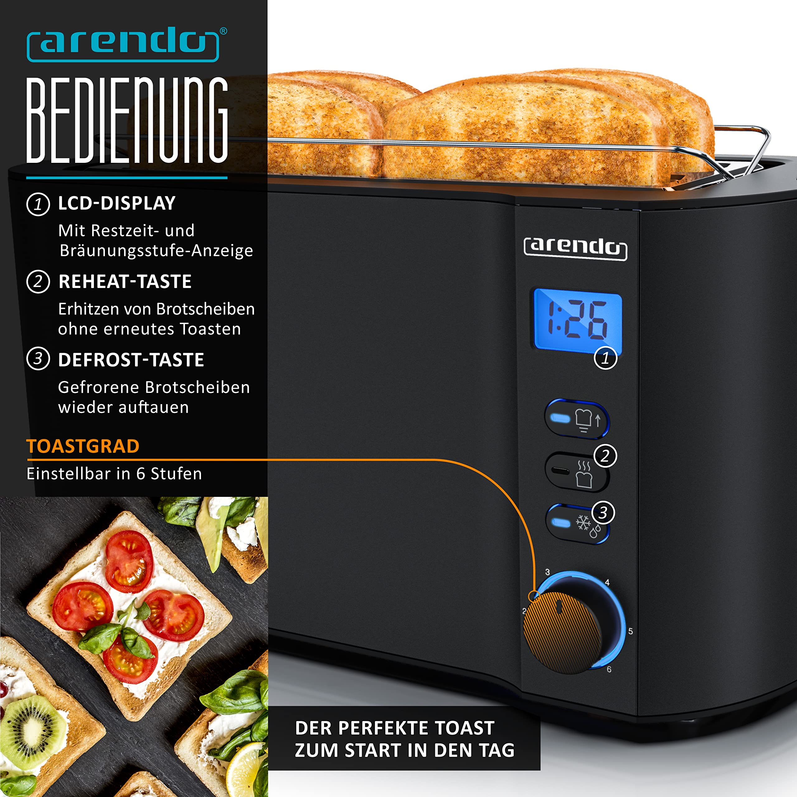 Arendo Wasserkocher Toaster SET Edelstahl Schwarz 1,5L 40-100°C Warmhaltefunktion 4 Scheiben LED-Display 6 Bräunungsgrade