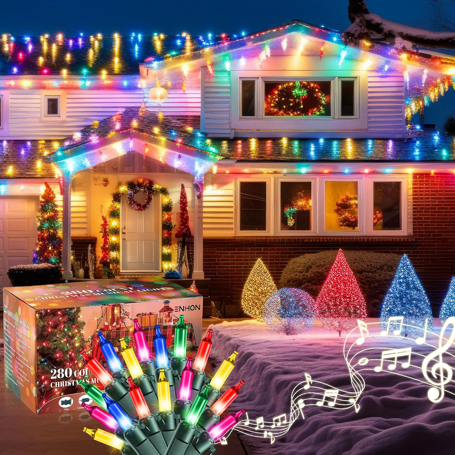 Enhon 300 Bulb Christmas Lights with Music, Musical Singing Christmas Lights with 25 Classical Holiday Songs, 7 Function Mode, Adjustable Volume and Mute (5 Color)