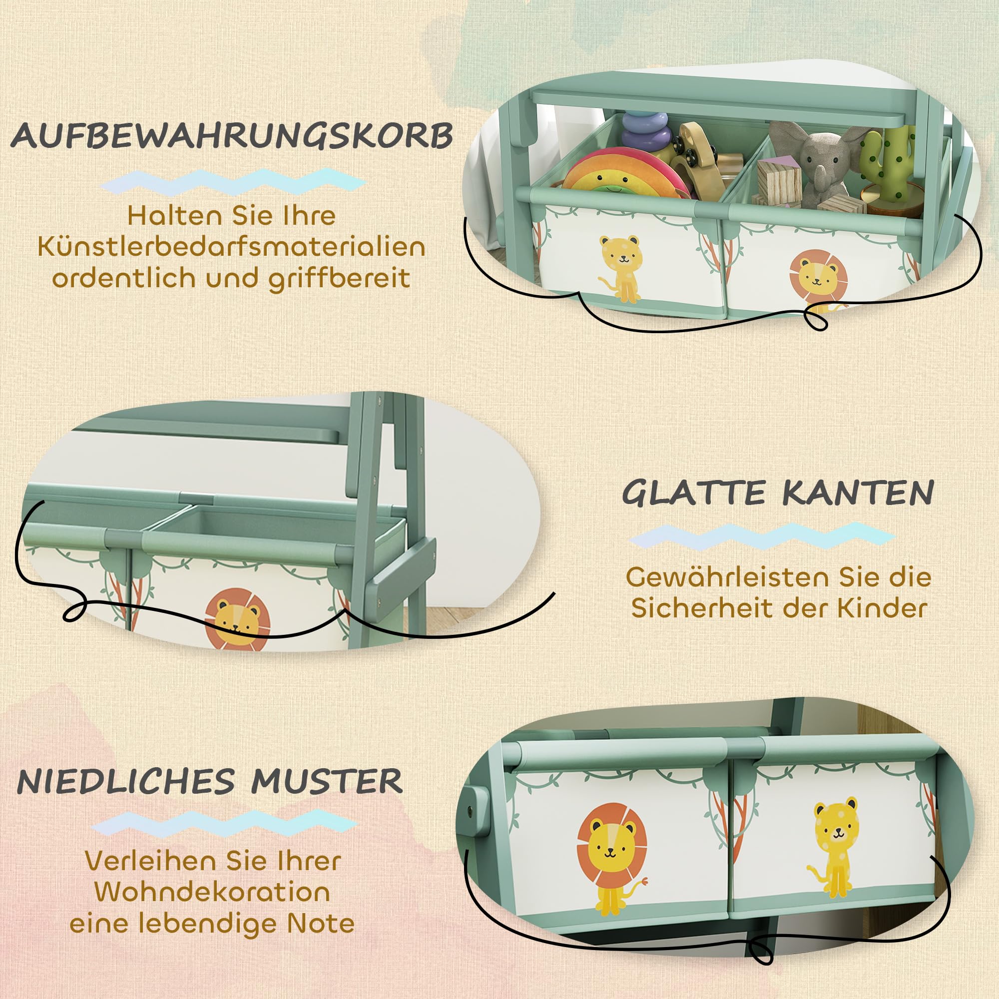 AIYAPLAY Kinder Staffelei 3 in 1 Kindertafel Standtafel mit Kreidetafel, Whiteboard, Papierrolle, 2 Aufbewahrungsboxen, Spiel-Tafel mit Löwen- und Tigermotiv, für Kinder 3-8 Jahre Grün