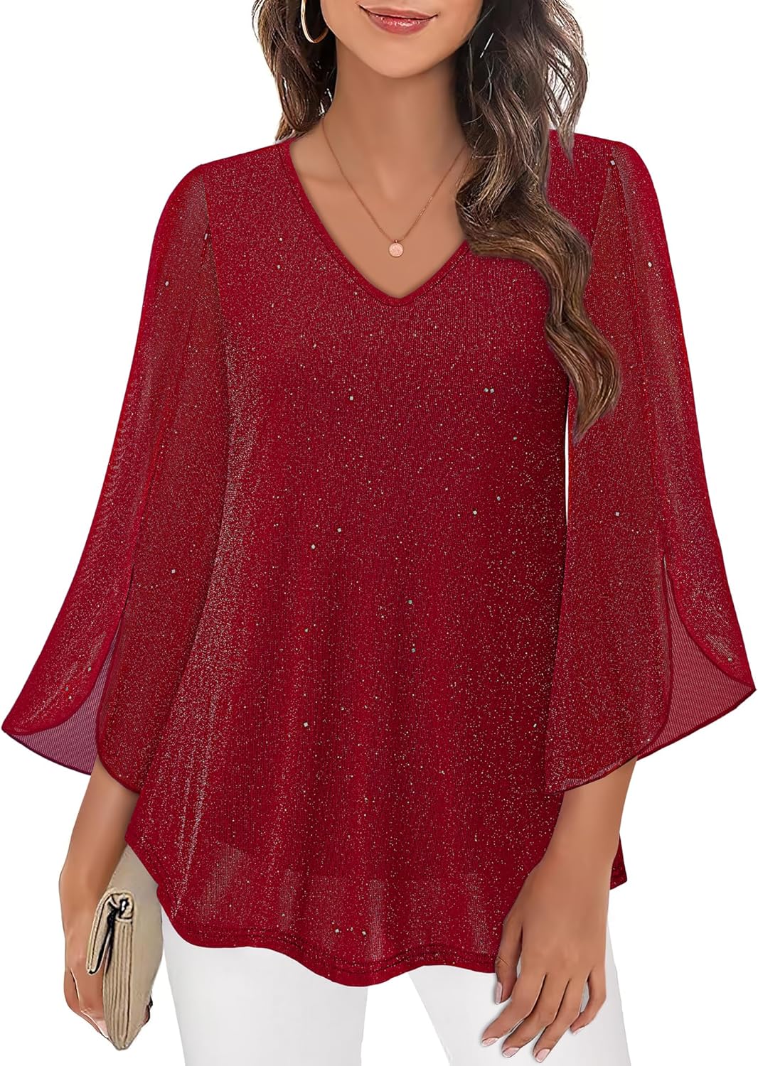 Bebonnie Womens Ruffle 3/4 Sleeve V Neck Double Layers Mesh Blouses Loose Fit Flowy Tunic Tops - Image 3