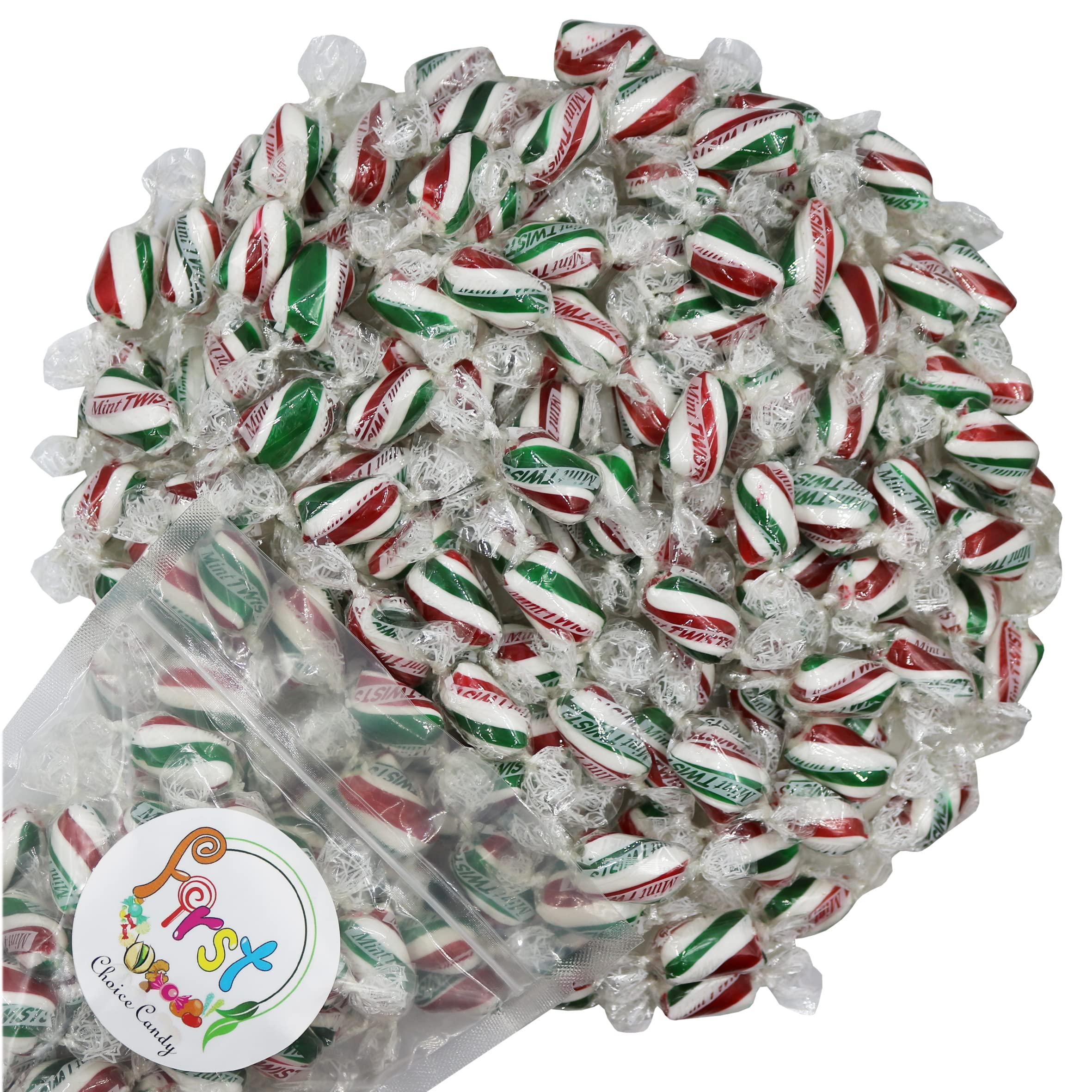 FirstChoiceCandy Hard Candy Twists, All Flavor Individually Wrapped Twist Hard Candy (Red White Green Mint, 2 Pound)