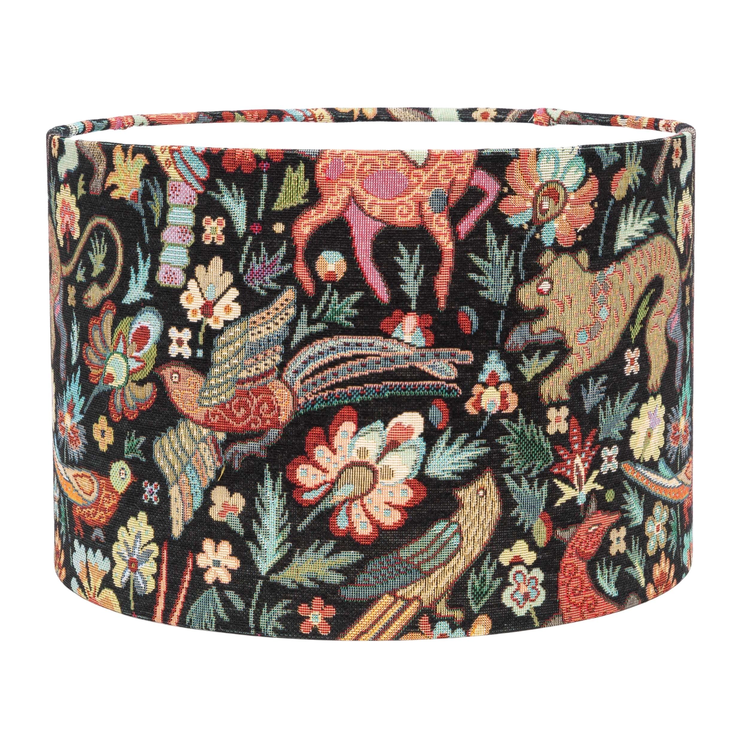 Linen Loft Black Mythical Animals Lampshade In Deep Classic William Morris Inspired Animal Design. Cylinder Style Shade. 30Cm & 40Cm Options Available