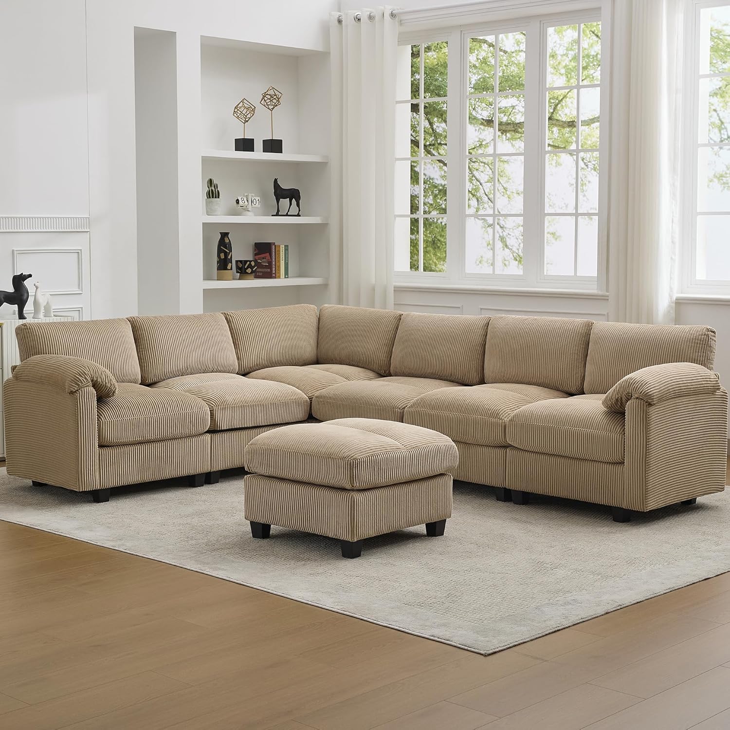114'' V-Shaped Sectional Cloud Couch with Ottoman, 7-Seater Modular Couches for Living Room, Corduroy Oversized Deep Seat Sofa with Center Stitched, Camel