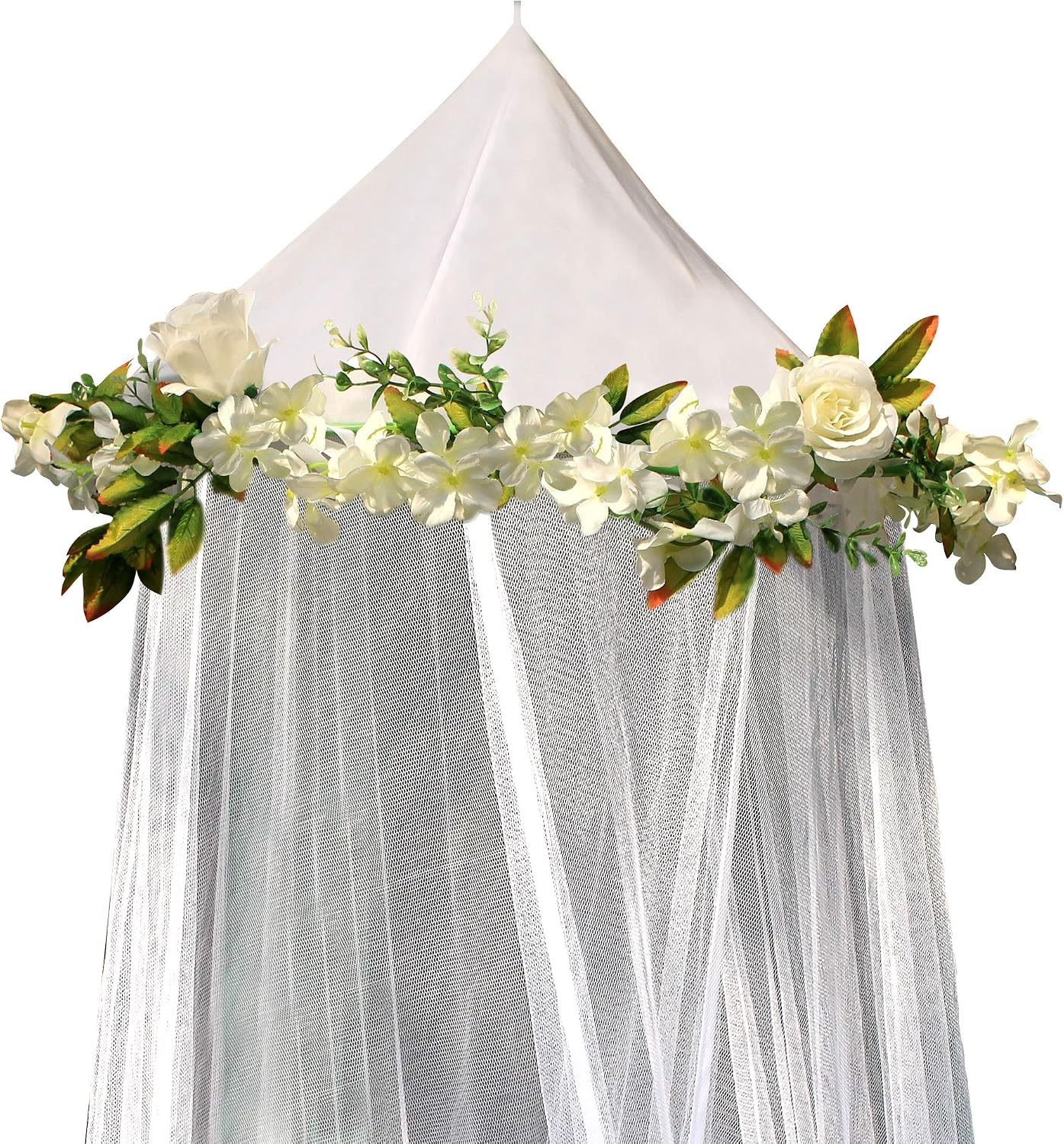 Bobo and Bee - Enchanted Bed Canopy Mosquito Net For Girls, Kids, Baby, With Detachable Cream Rose and Ivy Garland - Twin Size, White with Satin Trim - Perfect Boho Woodland Nursery Decor