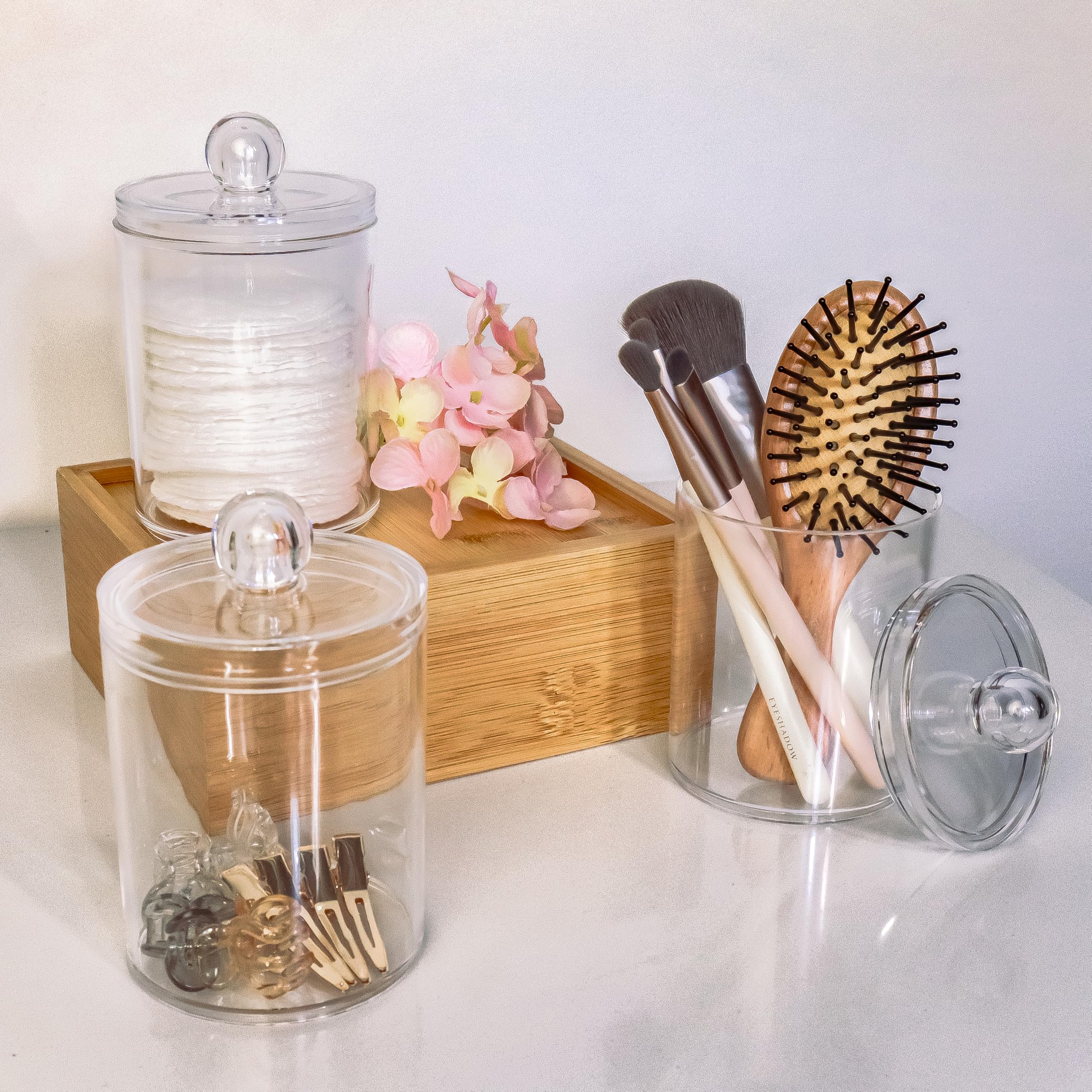 Qtip Dispenser Holder Bathroom Vanity Storage Canister 3 Pack Clear Cotton Swab Containers with Lids-Bathroom Organizer Jars for
