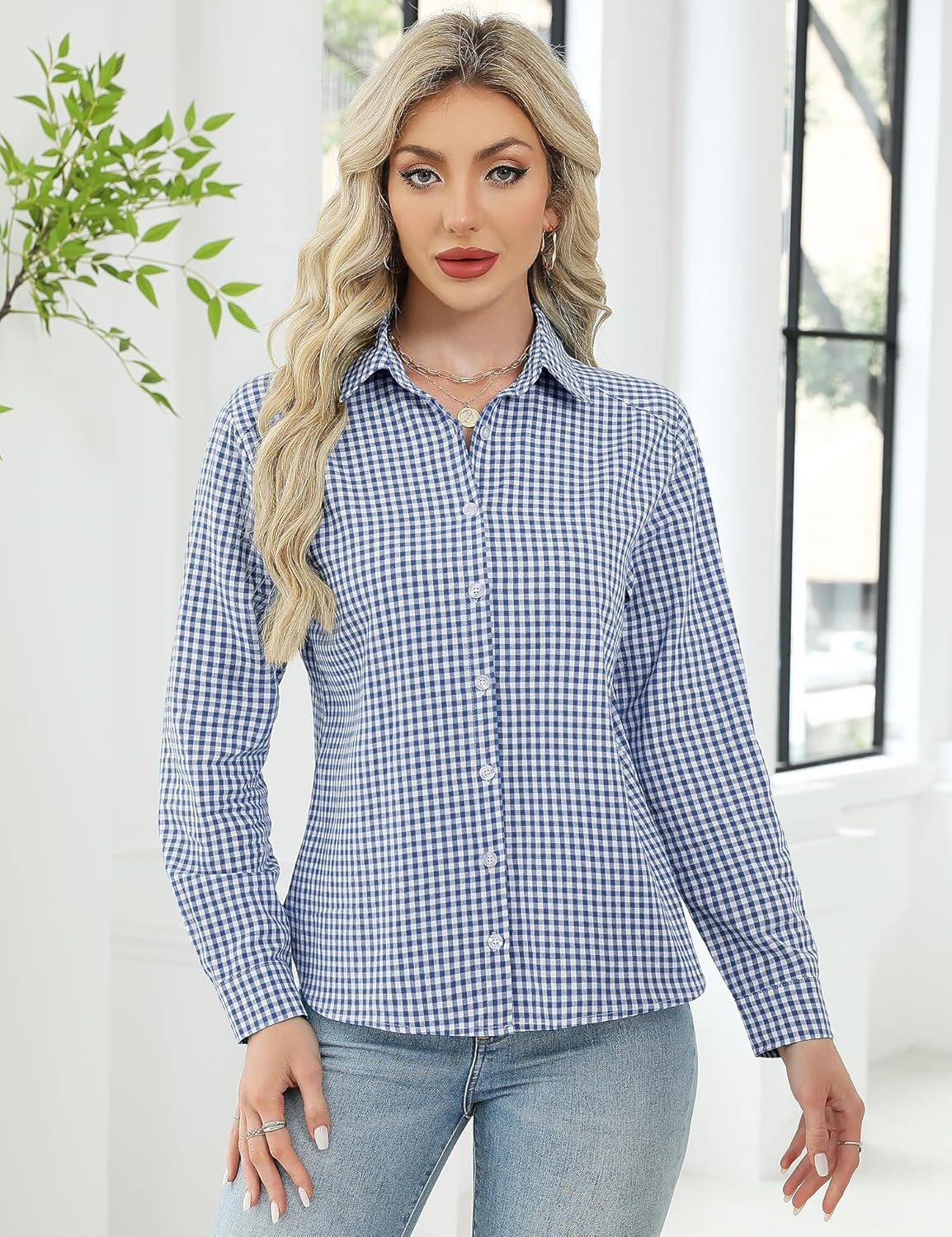 LOMON Womens Long Sleeve Button Down Shirts Casual Loose Fit Cotton Collared Blouses - Image 3