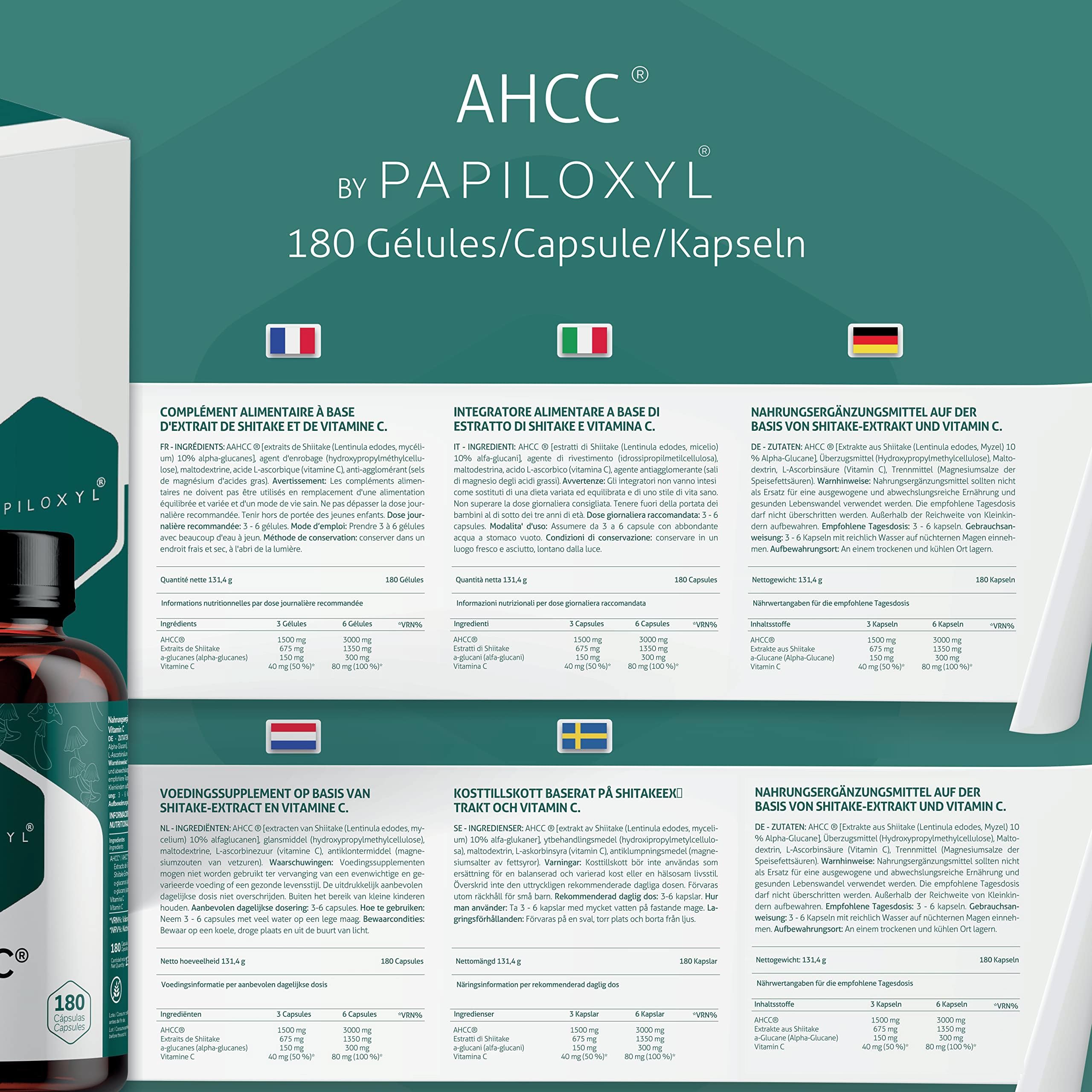 AHCC par Papiloxyl - 180 Gélules, 500 mg par Capsule, Culture Liquide Brevetée de Lentinula Edodes (Shiitake), Fabriqué au Japon par Amino Up, Sans Gluten