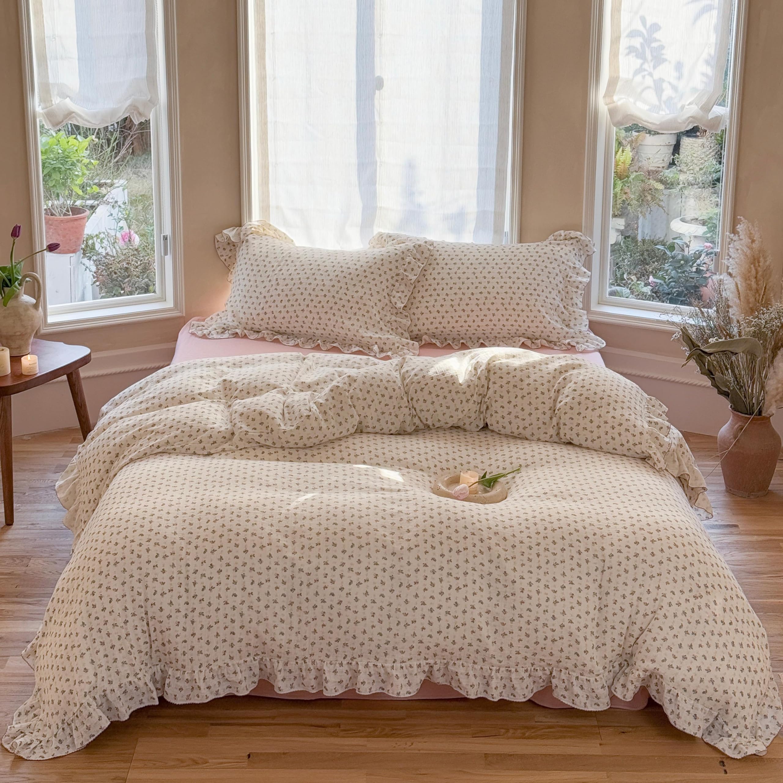 BuLuTu Cottage Core Floral Duvet Cover King with Ruffles, No Pillows