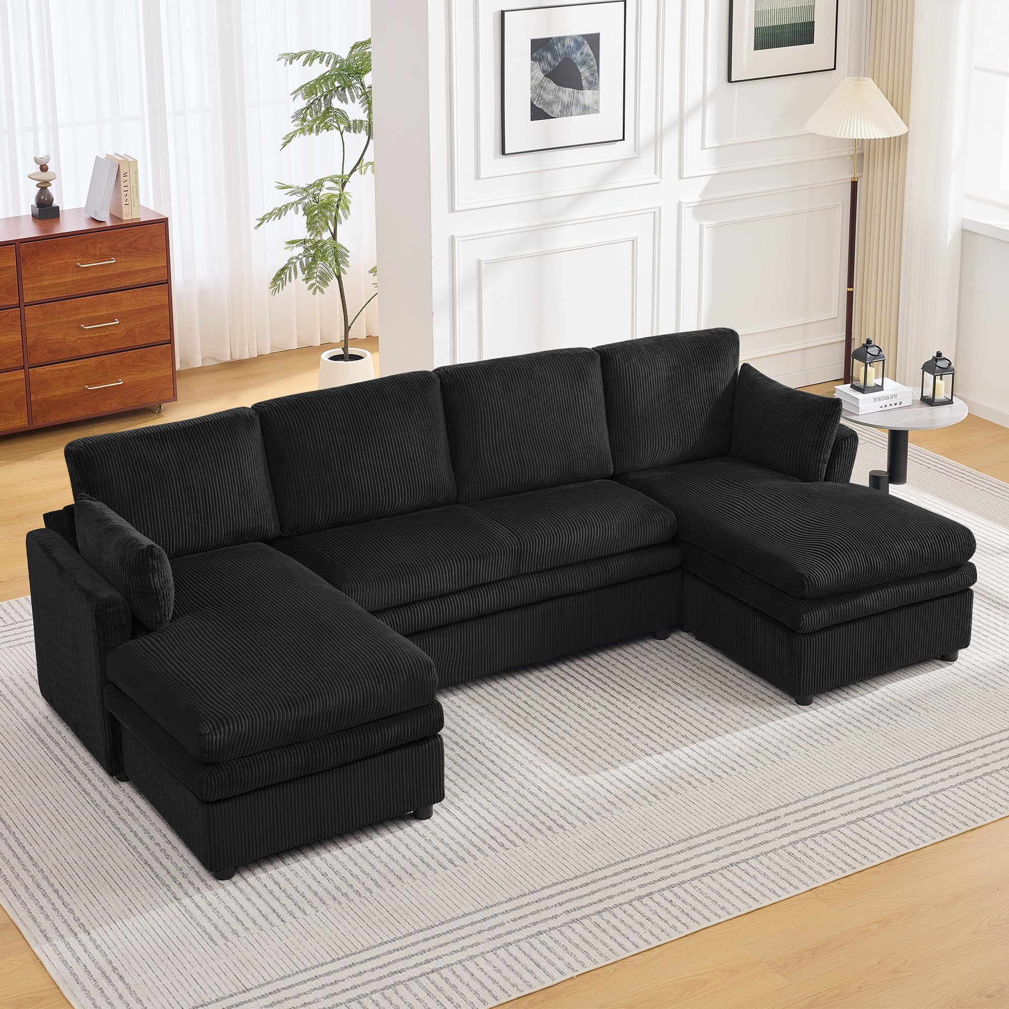 110" Sectional Couches with Double Chaises, Comfy Deep Dual-Layer Cushion Couch, 6 Seater U Shaped Couch, Modern Modular Sofa, Corduroy Sofas for Living Room, Apartment, Black