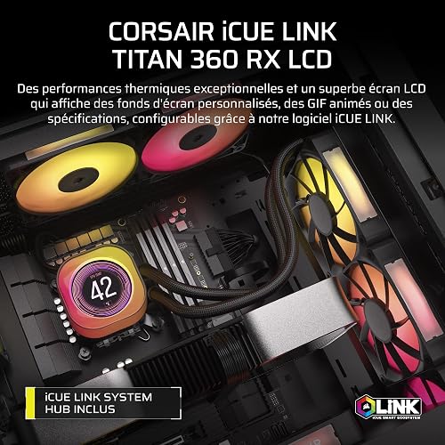 Corsair iCUE LINK TITAN 360 RX LCD Liquid CPU Cooler – 360mm AIO – Low-Noise – FlowDrive Cooling Engine – Intel LGA 1851/1700, AMD AM5/AM4 – 3x RX120 RGB Fans – iCUE LINK System Hub Included – Black - 2