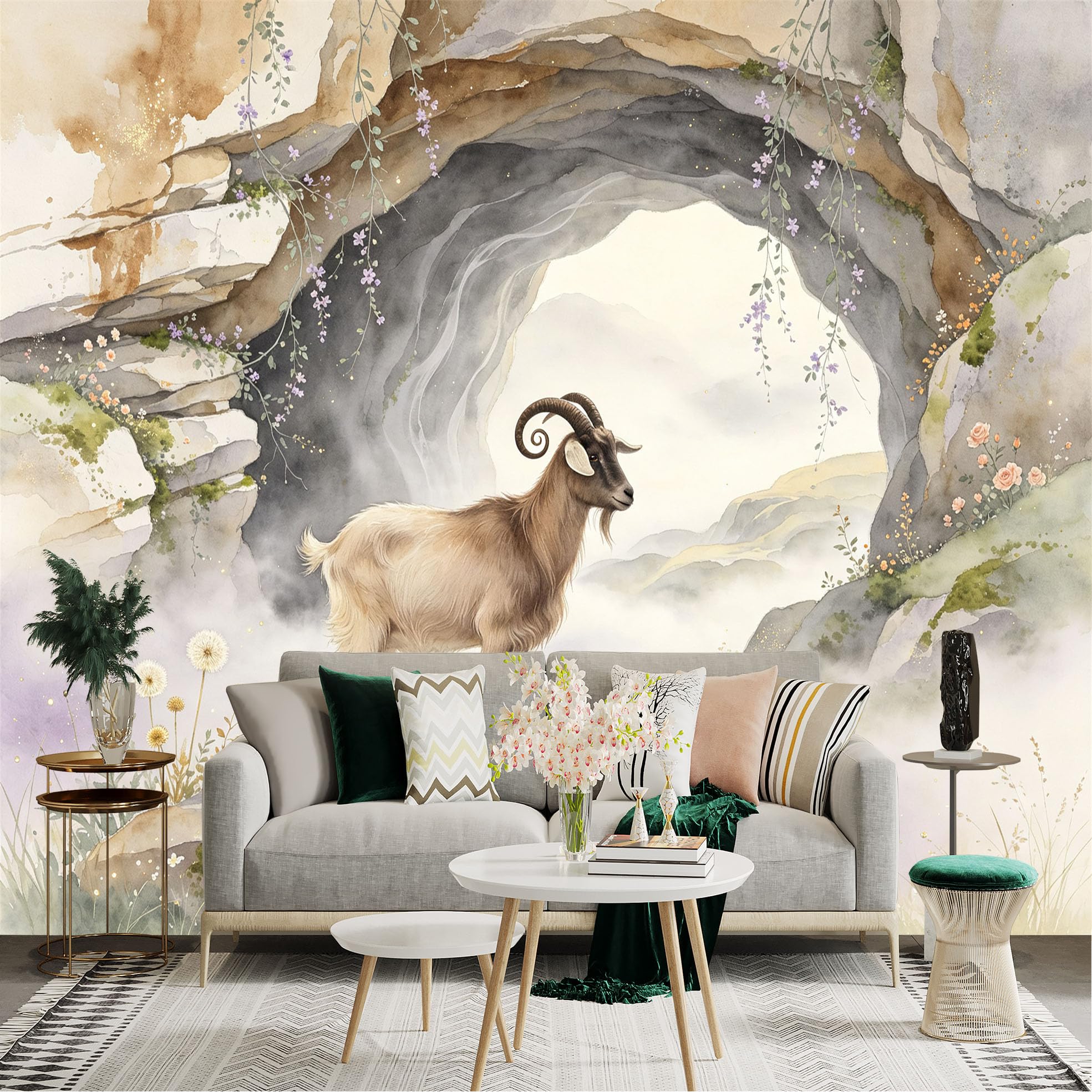 Lnzczhyre Bh260719095 Custom Size Wall Sticker Mural， Watercolor Mountain Goat In Rocky Cave， Misty Landscape With Wildflowers， For Wall Decoration， Peelandstick Wall Decals.