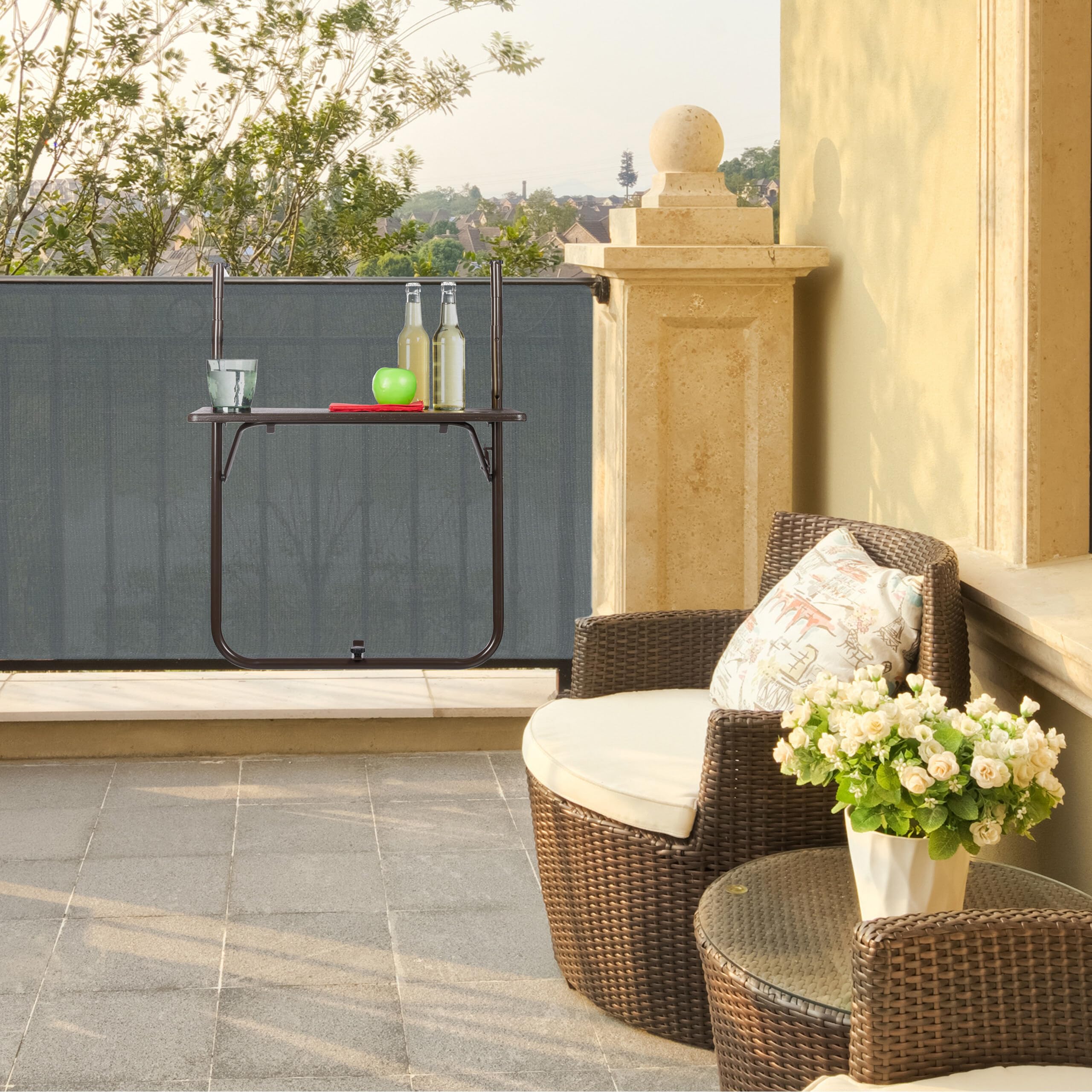 Relaxdays Table Balcon Suspendue Pliante Réglable Hauteur 3 Niveaux Aspect Bois 59,5 x 36 cm Marron