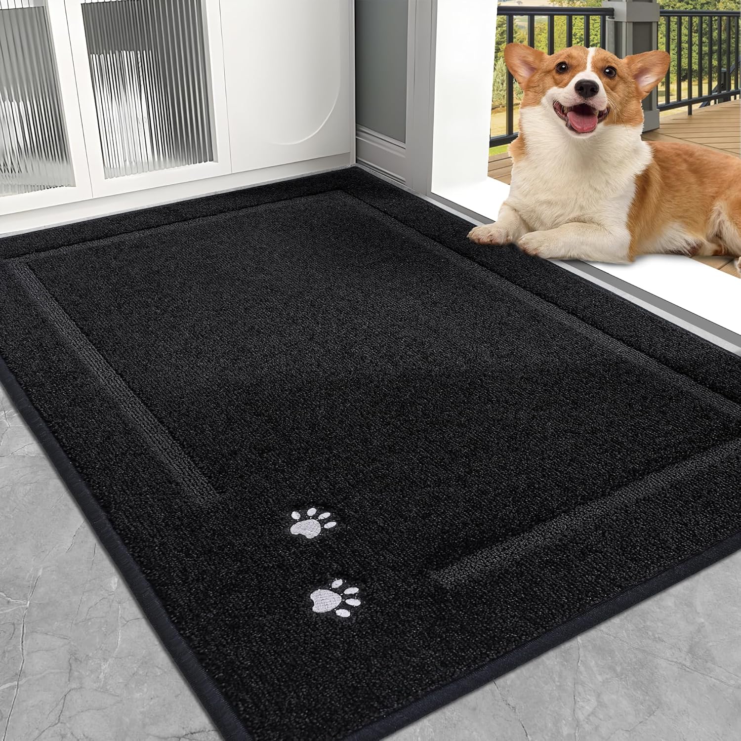 BEQHAUSE Dog Door Mat for Muddy Paws 80x120cm Dirt Trapper Absorbent Doormat Non Slip Entryway Rugs Washable Stain Resistant Welcome Floor Mat Soft Low-Profile for Front Back Door, Black