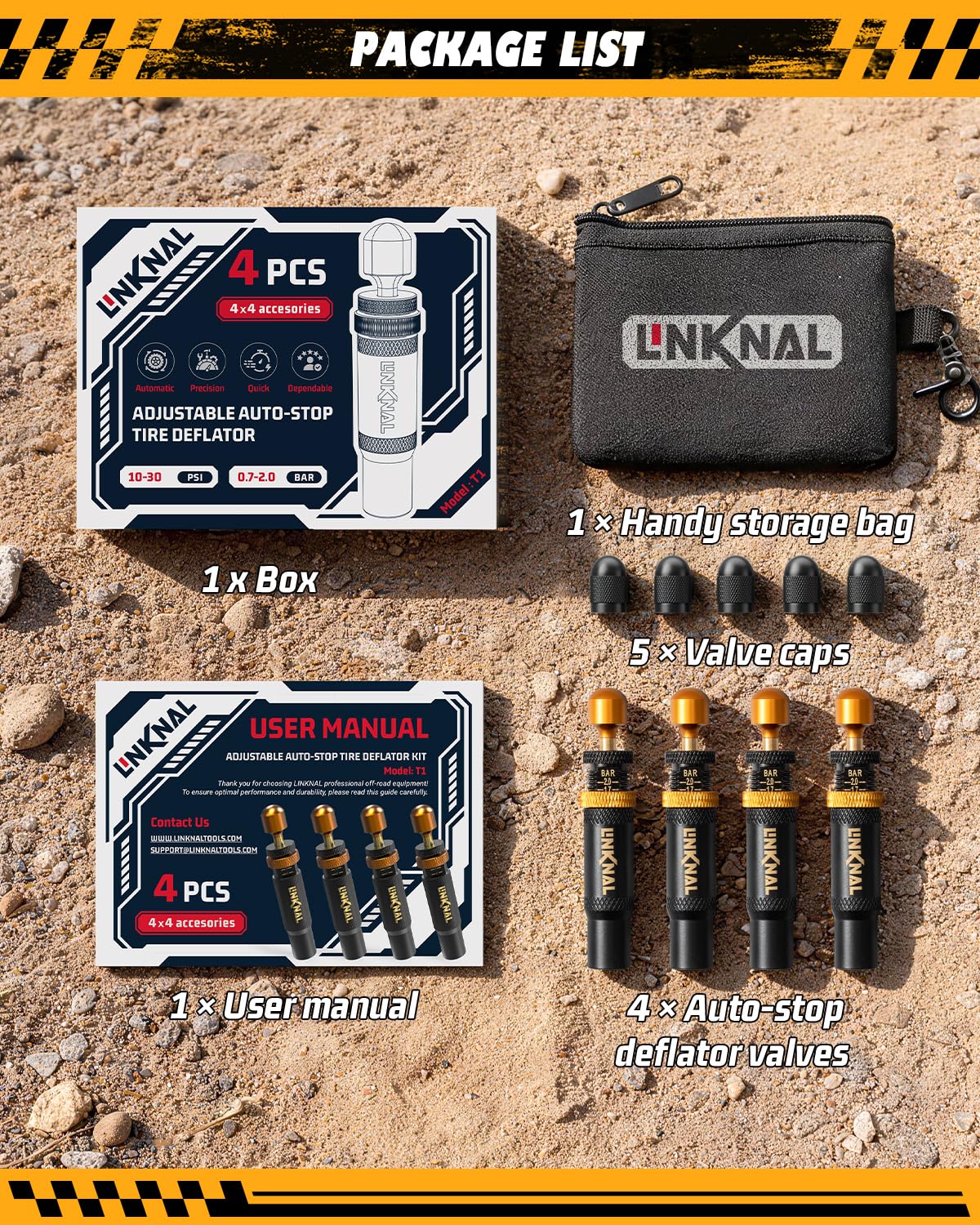 LINKNAL Kit de Valve de dégonflage de Pneu réglable (10–30 psi/0,7–2 Bar), 4 Outils à Visser pour Tout-Terrain, 4x4, Jeep, Camion, SUV – avec Sac de Rangement et 5 Bouchons de Valve