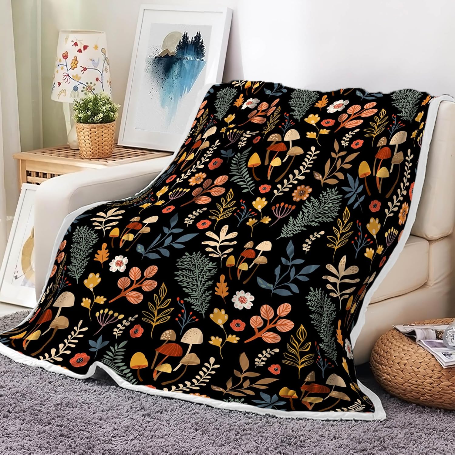 Boho Throw Blanket,Black Throw Floral Blanket,Fall Multicolor Floral Soft Lightweight, for Couch Bed Home Decoration,All Season 60X80 Inches.