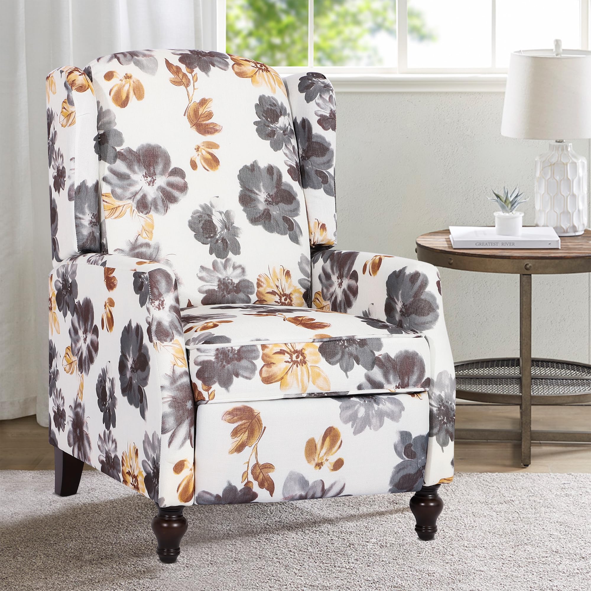 GUEAPY Upholstered Wingback Chair Push Back Recliner for Adults Mid Century Modern Manual Recliner Chair for Living Room, Bedroom (Gray Floral,1PCS)