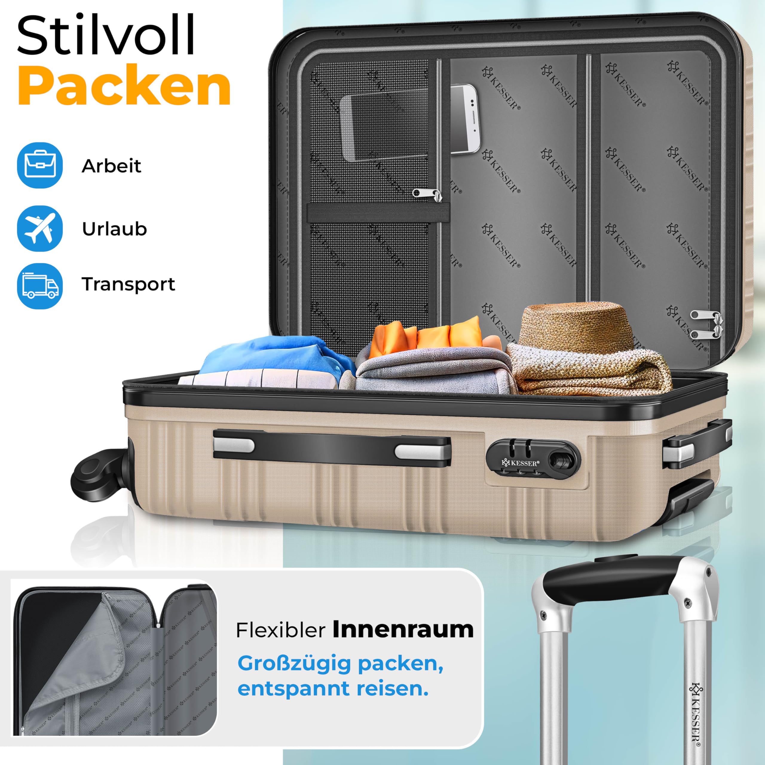 KESSER Reisekoffer 120L Hartschalen Trolley ABS-Hartschale Zahlenschloss 4 Rollen Teleskopgriff 75x50x32cm Champagne