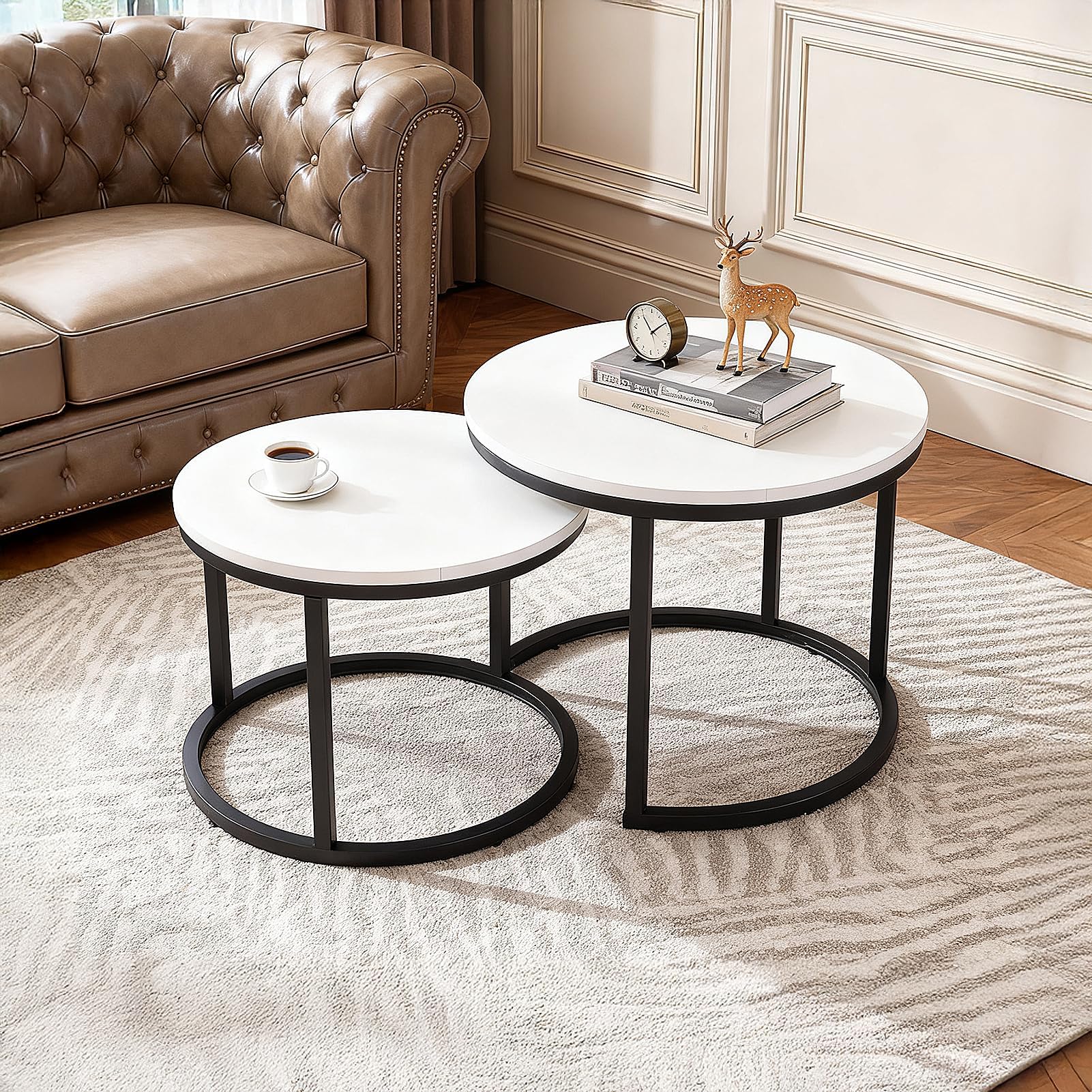 Warmiehomy Round Coffee Table Nesting Table Set of 2, 60x60x46.5cm, White