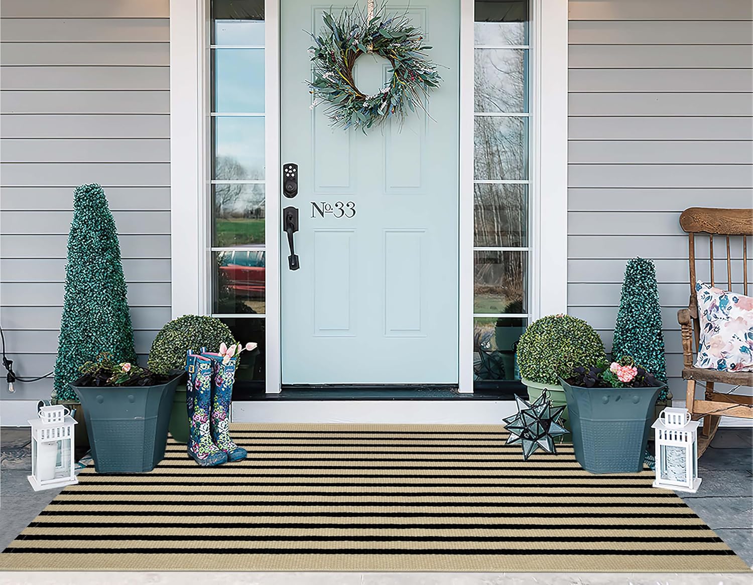 Tan and Black Outdoor Rugs 3'x5',Machine Washable Porch Rugs Cotton Woven Indoor Outdoor Layered Door Mats Small Area Rug for Home Entrace Decor/Bedroom/Entryway