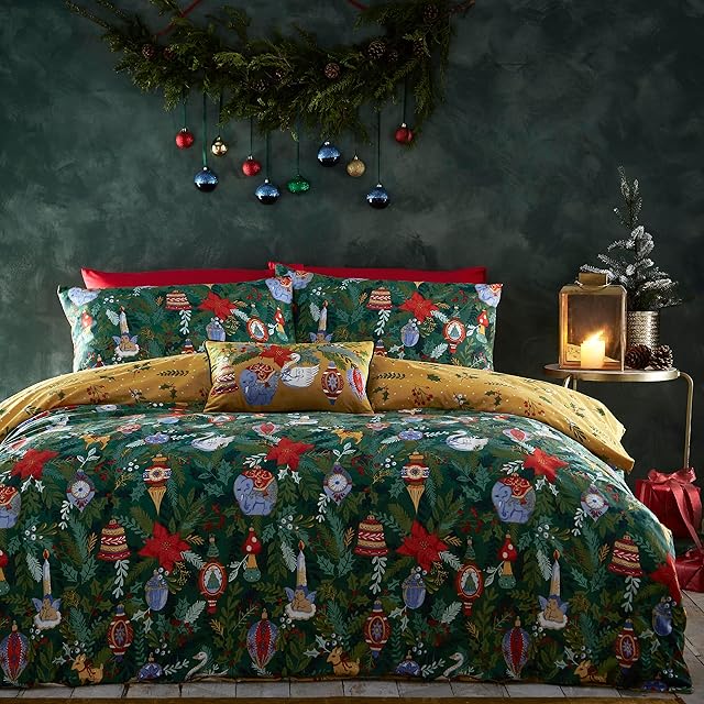 furn. Deck The Halls Single Duvet Cover Set, Cotton, Polyester, Pine Green