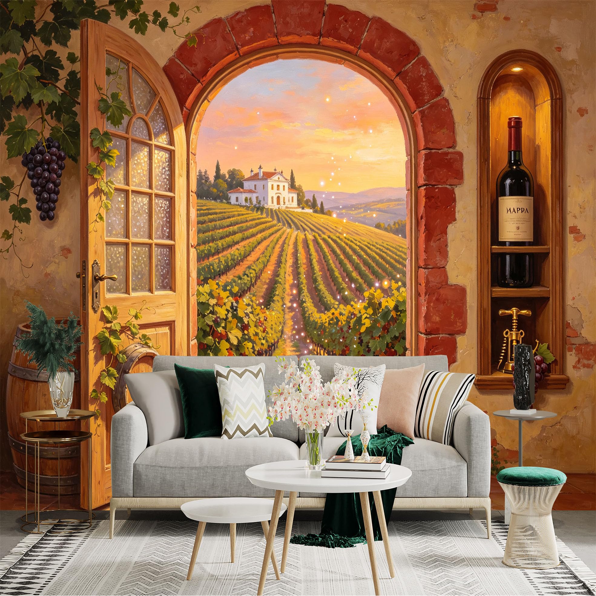 Custom Size Wall Sticker Mural， Rustic Vineyard Landscape， Wine Cellar Archway， Sunset Countryside View， for wall Decoration， peelandstick wall Decals.
