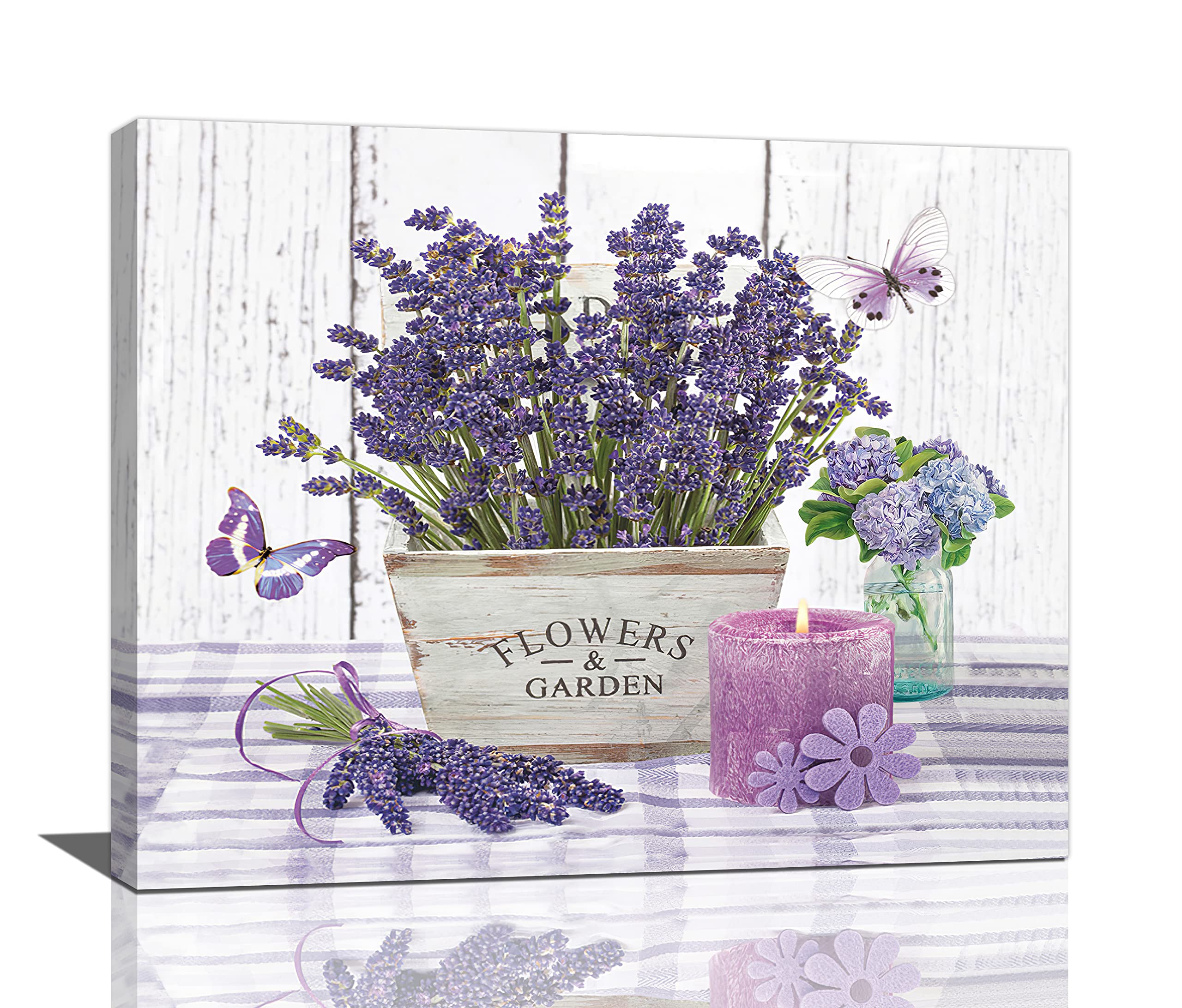 Tijuboni Lavender Canvas Wall Art Country Flower Butterfly Candle Wall Decor Purple Floral Farmhouse Pictures Painting Prints Framed Artwork Decor For Bathroom Bedroom Living Room 16"X20"