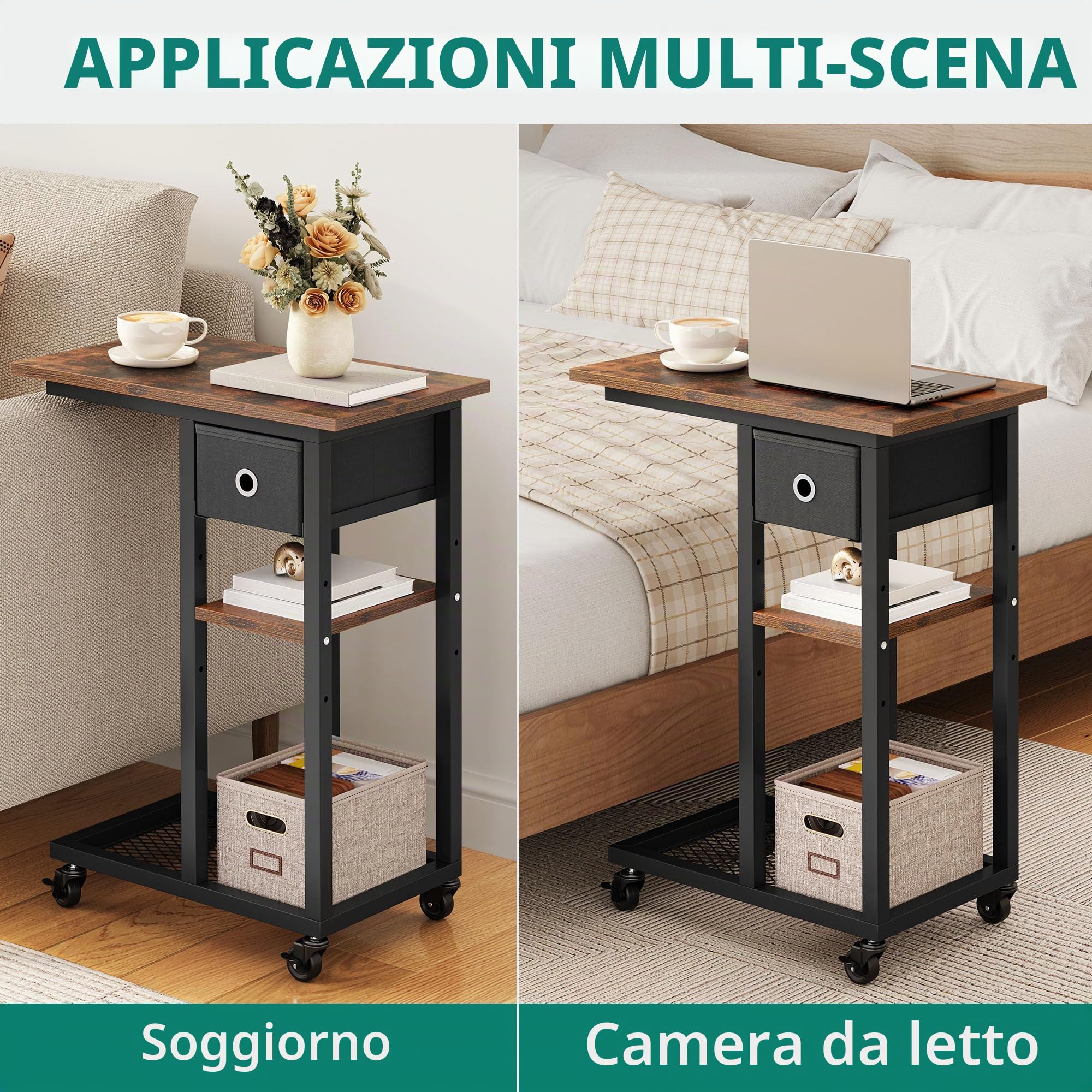 YITAHOME Tavolino a Forma di C, Tavolino Laterale da Divano in Metallo con Cassetto e Ruote per Salotto e Camera, 50x30x67cm, Marrone Rustico