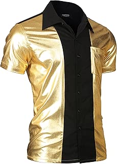 Mens Disco Shirt Short Sleeve Button Down Fashion Christmas Party Shirt Shiny Metallic Nightclub Bowling Shirt - coolthings.us