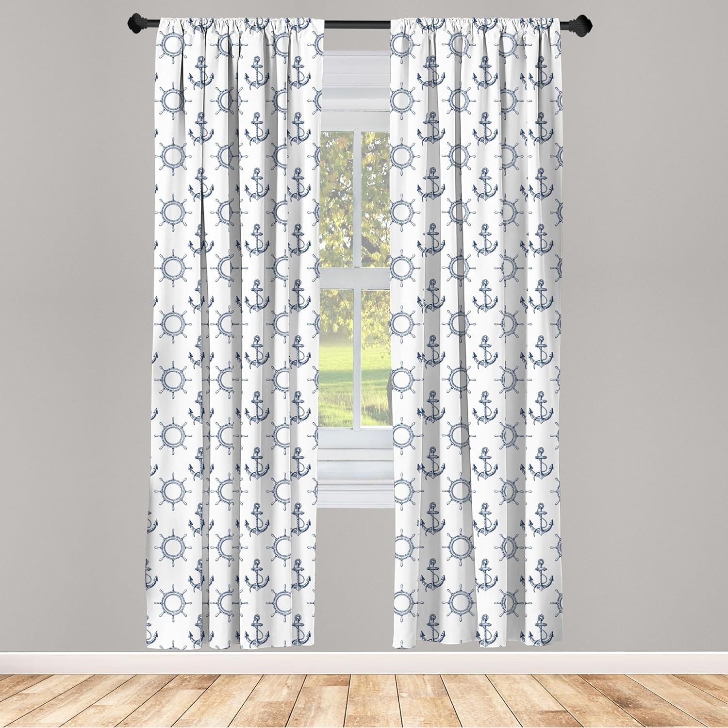 Ambesonne Anchor Curtains, Hand Drawn Steering Wheels and Anchors with Shapes Maritime Illustration, Window Treatments 2 Panel Set for Living Room Bedroom, Pair of - 28" x 95", Pale Blue