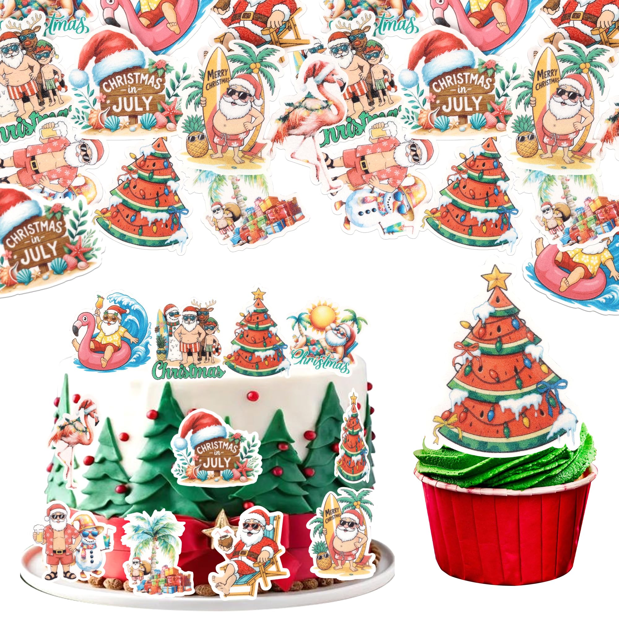 60 Pack Edible Summer Christmas Cake Toppers Christmas Cardboard Tropical Flamingo Cupcake Toppers Santa Claus Surfboard Smooth Xmas Cake Topper Decor for Hawaiian Pool Party Decorations