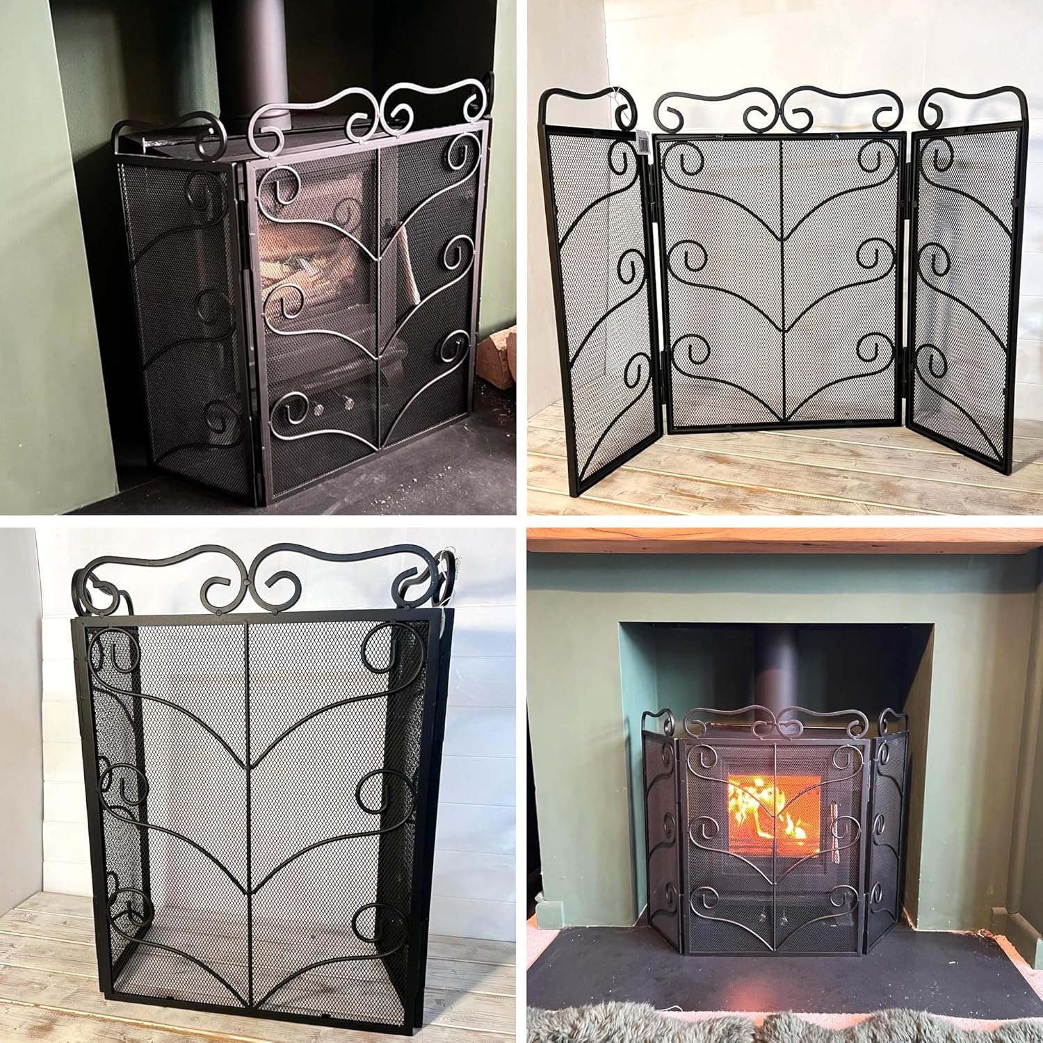 Black Metal foldable 3-panel fireplace surround screen 68cm high with mesh netting | Spark Guard | Fire guard | decorative pattern | Indoor or outdoor use