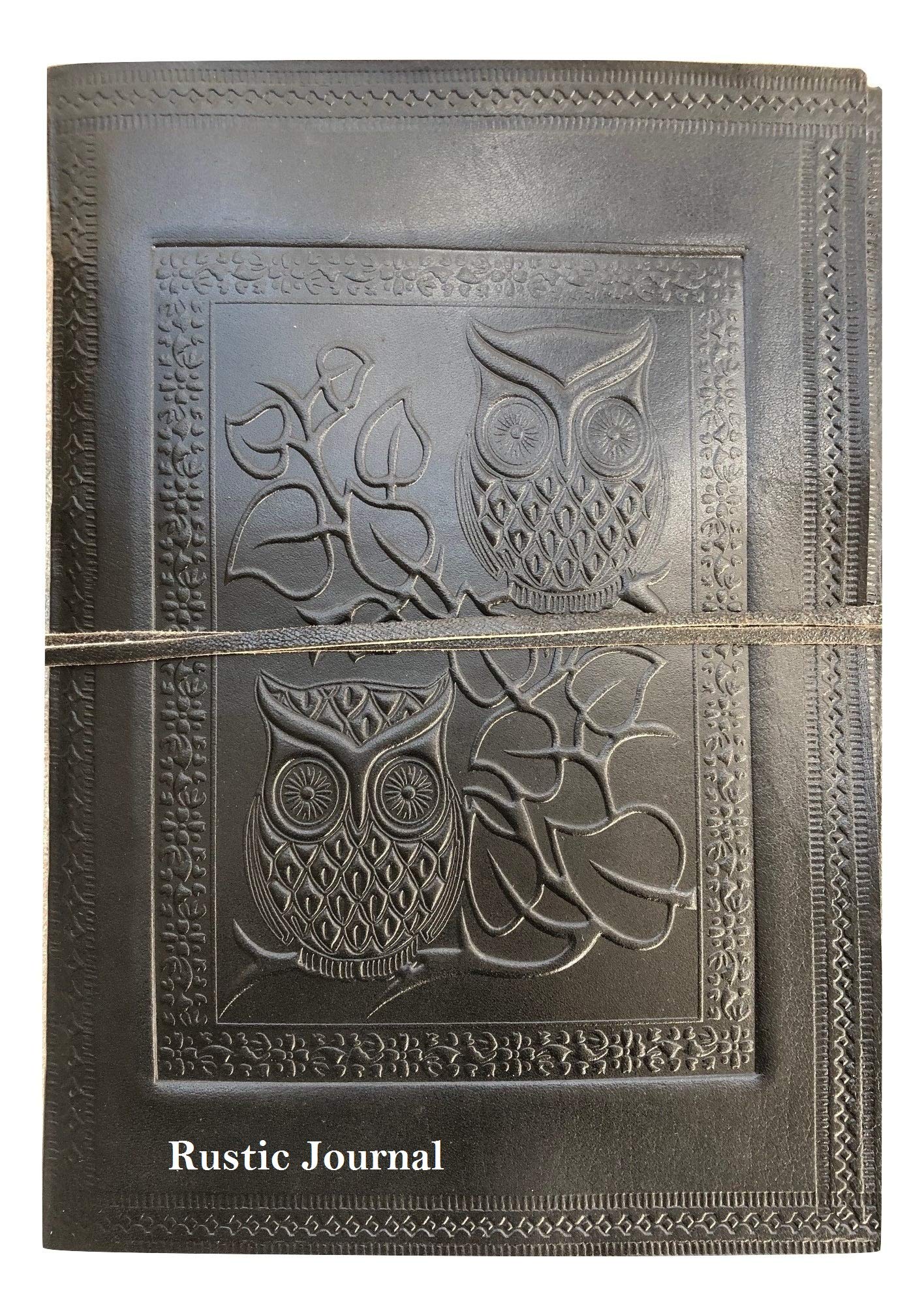 Embossed Leather Owl Journal Bound Diary Planner Antique Notebook with Unlined Pages Best Gift for Him & Her (Black, 107")