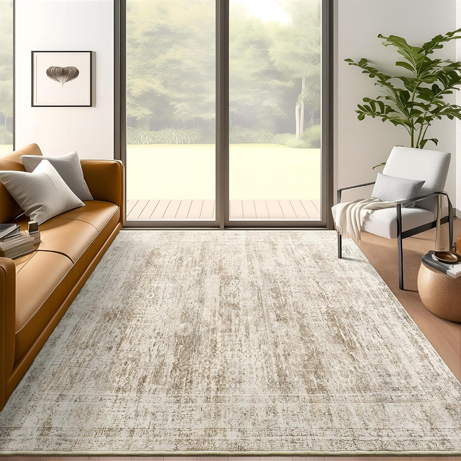 5x7 Area Rugs Brown Low Pile Indoor Washable Trendy Faded Style Rugs for Bedroom Living Room Dining Room Foldable Non-Slip Thin Print Mat Brown 5' x 7' (Rectangular)