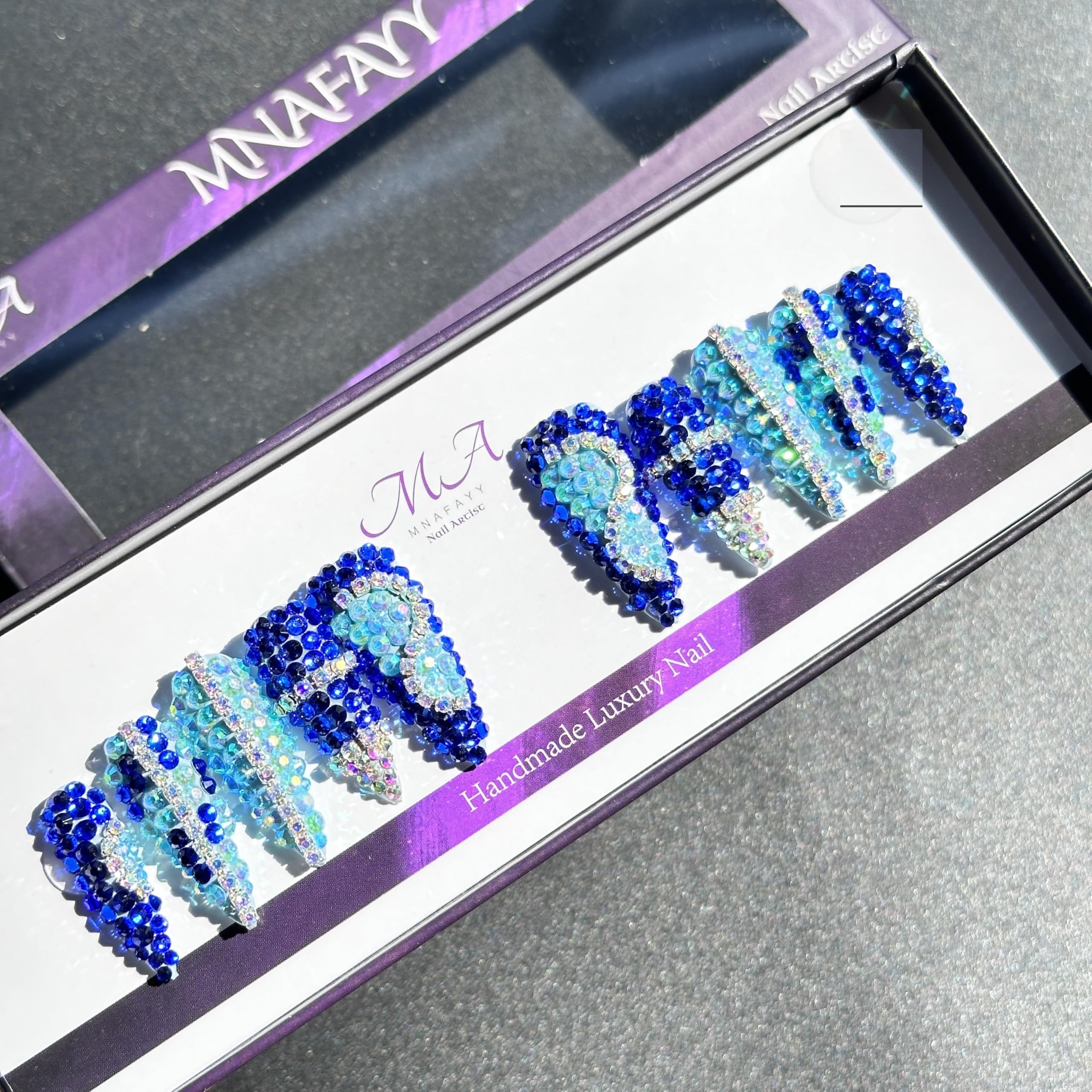 100% Handmade Nails Blue Full 3D Gems Medium Press On Nails Full Cover Luxury Gorgeous Reusable UV Finished Fake False Nails Acrylic Nail Kit With Box Gifts Women Mother's Day L