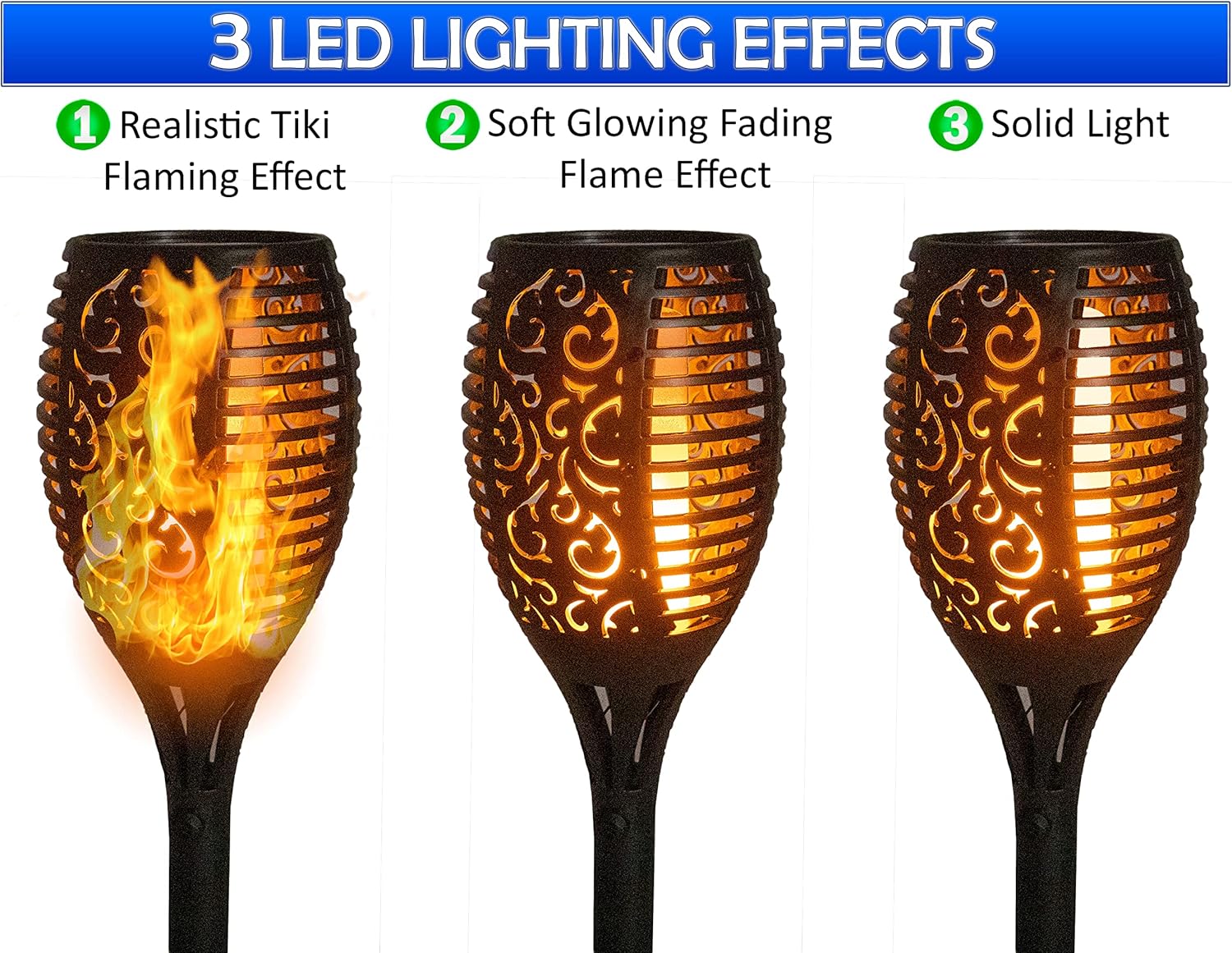 Solar Tiki Outdoor LED Torch Lights - 96 LEDs Realistic Flickering Flames Pathway Lights - Waterproof Outside Decoration For Backyard Yard Landscape - Auto On/Off for Garden, Driveway, Patio (4 Pack)