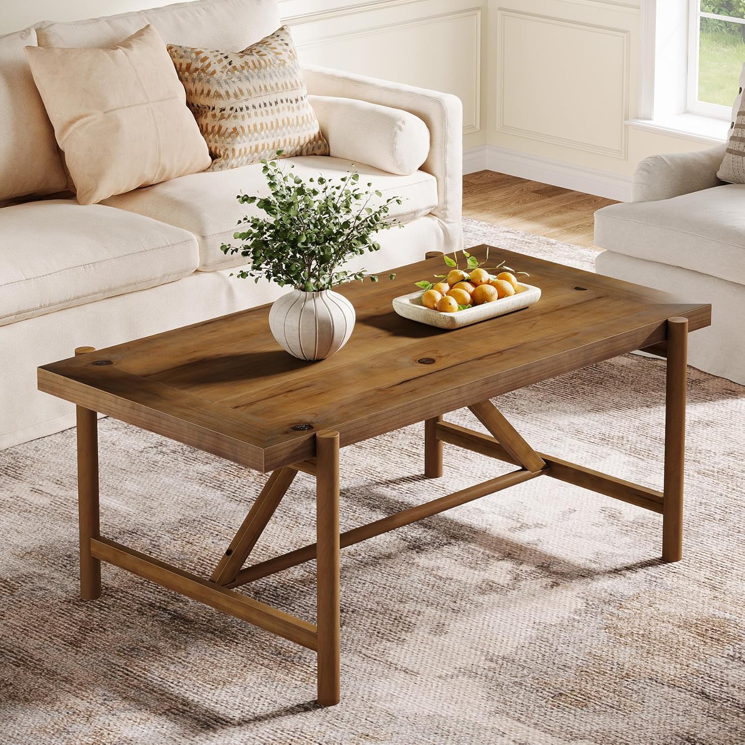 Solid Wood Coffee Table for Living Room, 47-Inch Farmhouse Rectangular Center Table with Spacious Tabletop and Column Legs for Apartment, Warm Brown