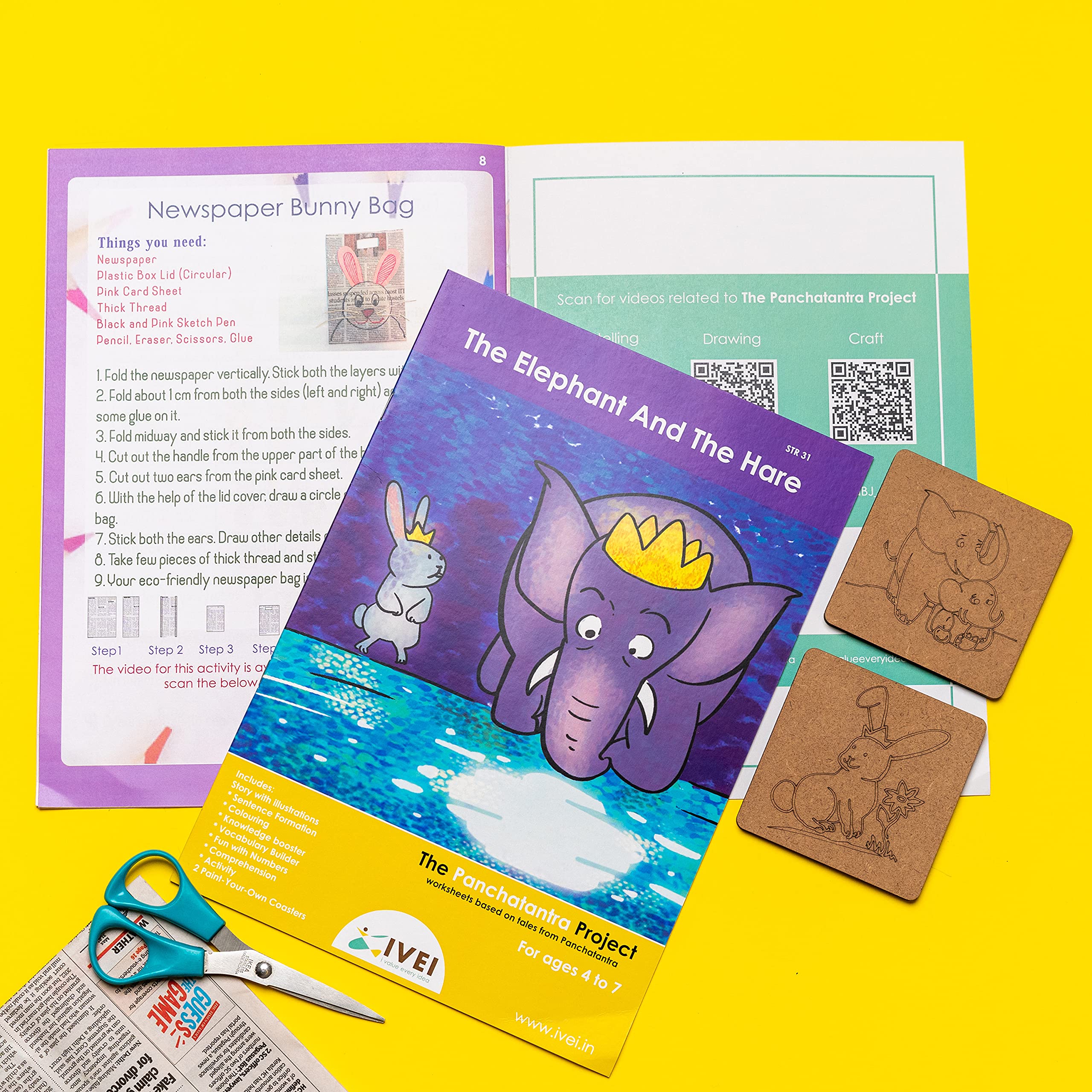 IVEI Panchatantra Story Kids Learning Book - Workbook and 2 DIY Coasters - Colouring Activity Worksheets - Creative Fun Activity and Education for Kids - The Elephant and The Hare (Age 4 to 7 Years) - Image 4 thumbnail