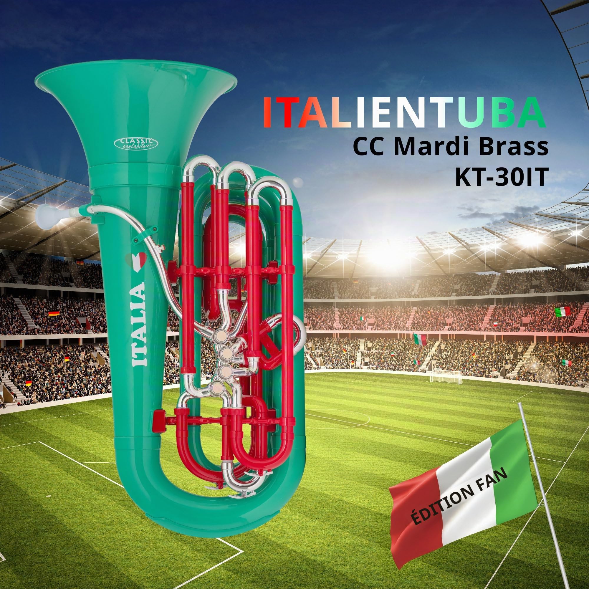 Classic Cantabile KT-30PL MardiBrass Tuba Bb en plastique ABS, léger et stable, pavillon et mécanisme en laiton. Inclus housse et embouchure. Couleur vert.