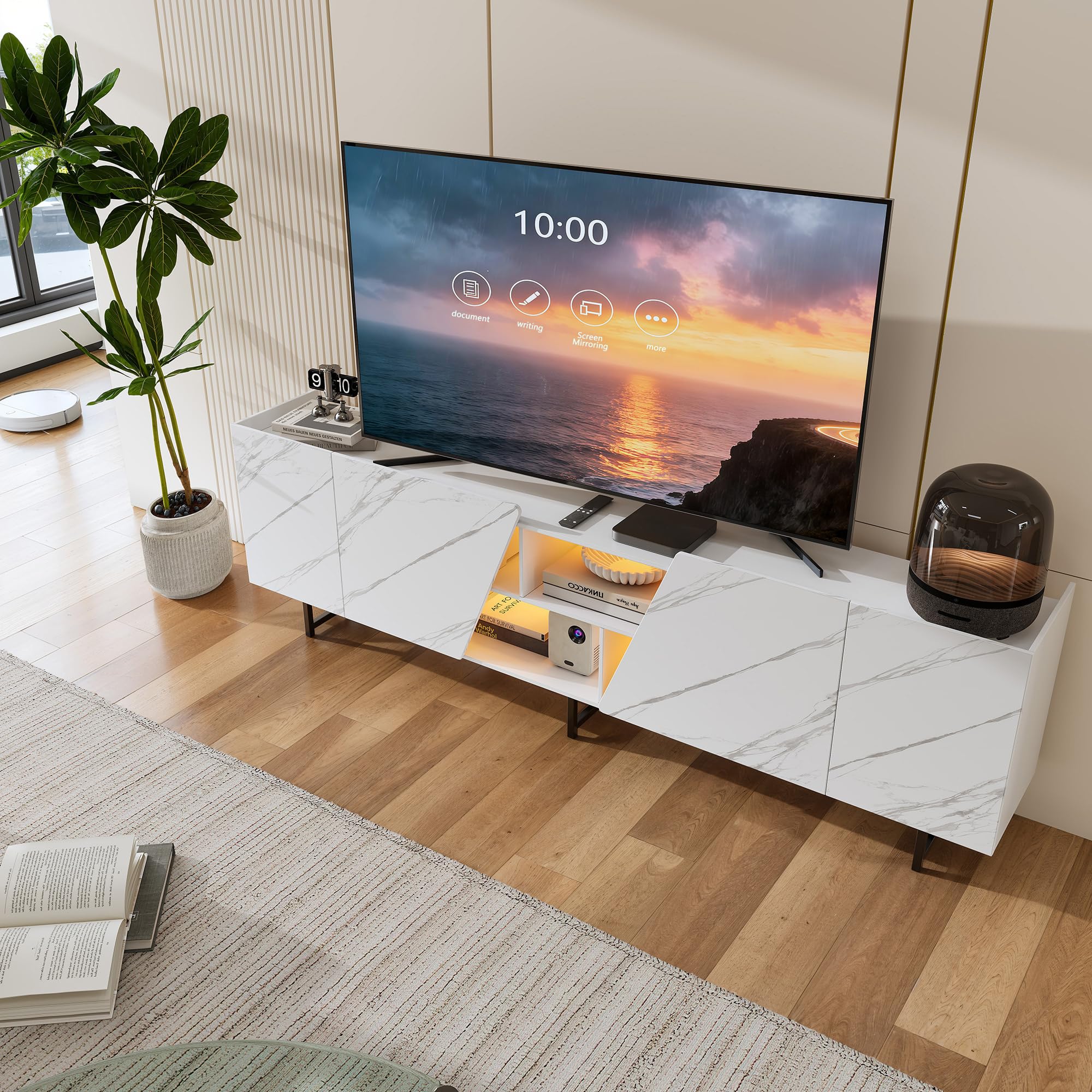 Armadio TV con LED - Mobile TV con 4 porte - Mobile TV basso - Comodino - Mobile TV con spazio aperto per soggiorno, sala da pranzo, camera da letto - Bianco - 220 x 34 x 67 cm