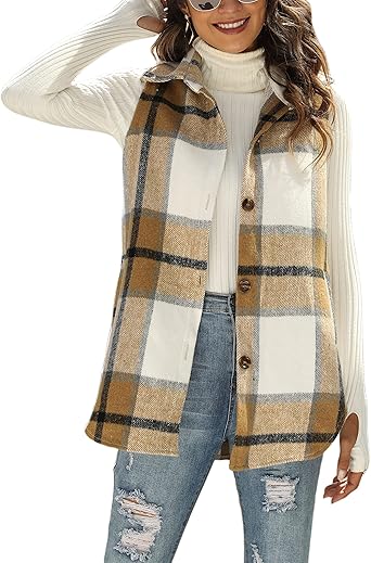 UANEO Womens Fall Flannel Plaid Vest Button Down Sleeveless Shirt Jacket with Pockets