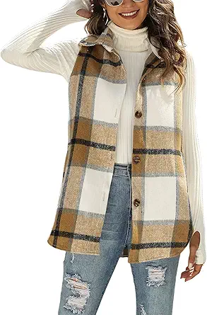 UANEO Womens Fall Flannel Plaid Vest Button Down Sleeveless Shirt Jacket with Pockets