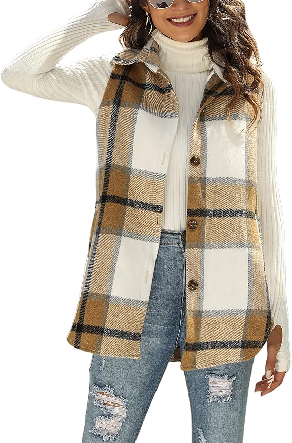 UANEO Womens Fall Flannel Plaid Vest Button Down Sleeveless Shirt Jacket with Pockets