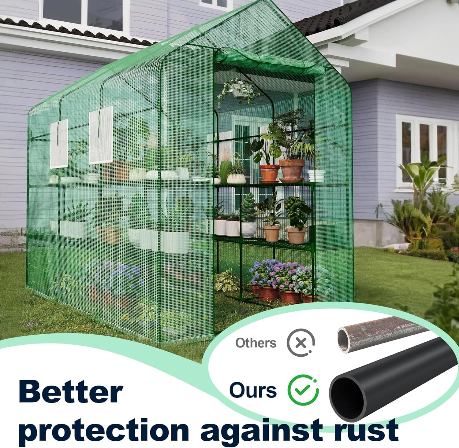 Greenhouse, 57 x 85 x 77'' Greenhouses for Outdoors, with Mesh Side Windows, PE Cover, 8 Shelves, Heavy Duty Walk in Green House for Backyard Garden Indoor, White& Green Outside