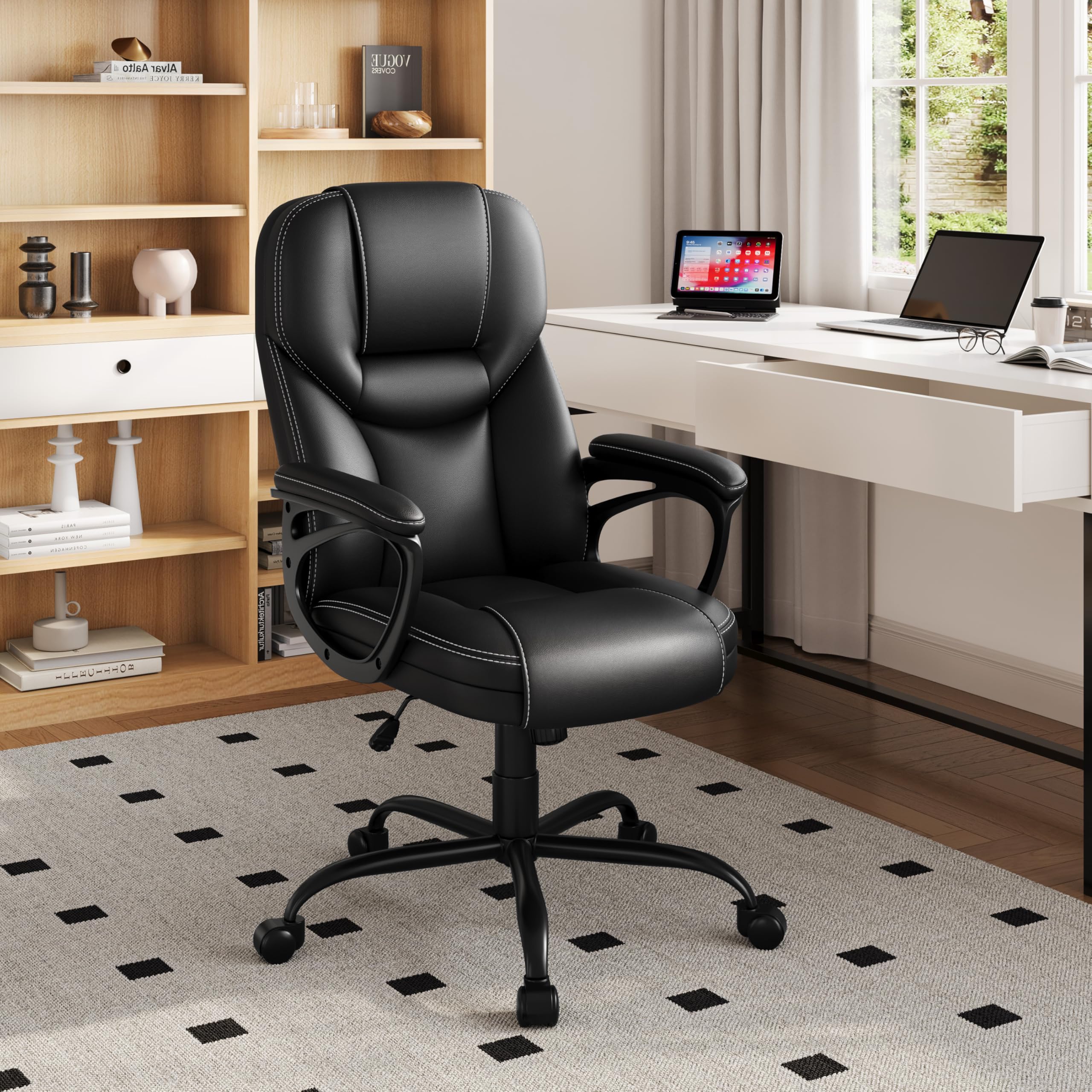 Yaheetech Bürostuhl Chefsessel Ergonomischer Drehstuhl Hoher Rücken Computerstuhl bequem Schreibtischstuhl Höhenverstellbar Office Stuhl Kunstleder Hochdichter Schaumstoff Wippfunktion Schwarz