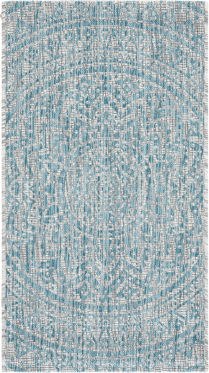 SAFAVIEH Washable Rug Outdoor Courtyard Collection - 2' x 3'7", Light Grey & Aqua Blue, Non-Shedding & Easy Cleaning, Ideal for Patio, Front Door, Entryway, Doormat (CY8734-37112)