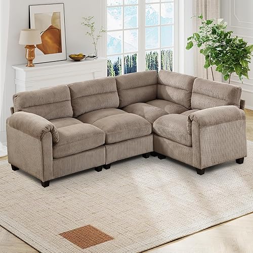 90” Modular Sectional L Shaped Corner Sofa, Corduroy 4-Seater Couches with Thick Cushion for Living Room, Brown