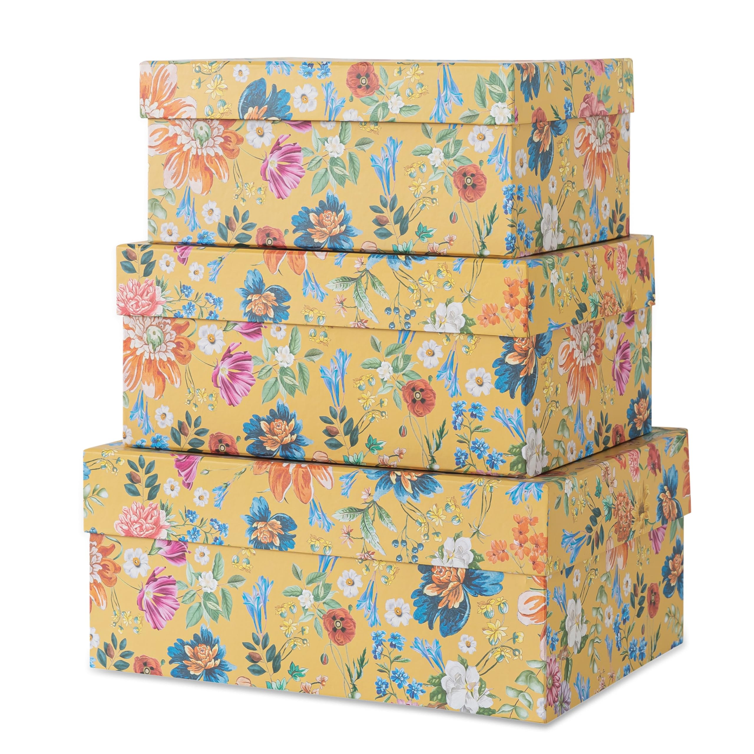 Soul & Lane Golden Bloom Decorative Storage Boxes With Hinged Lids, - Set Of 3: Floral Memory Keepsake Boxes With Lids, Cardboard Photo Storage For Organizing, Home Décor, Gifts