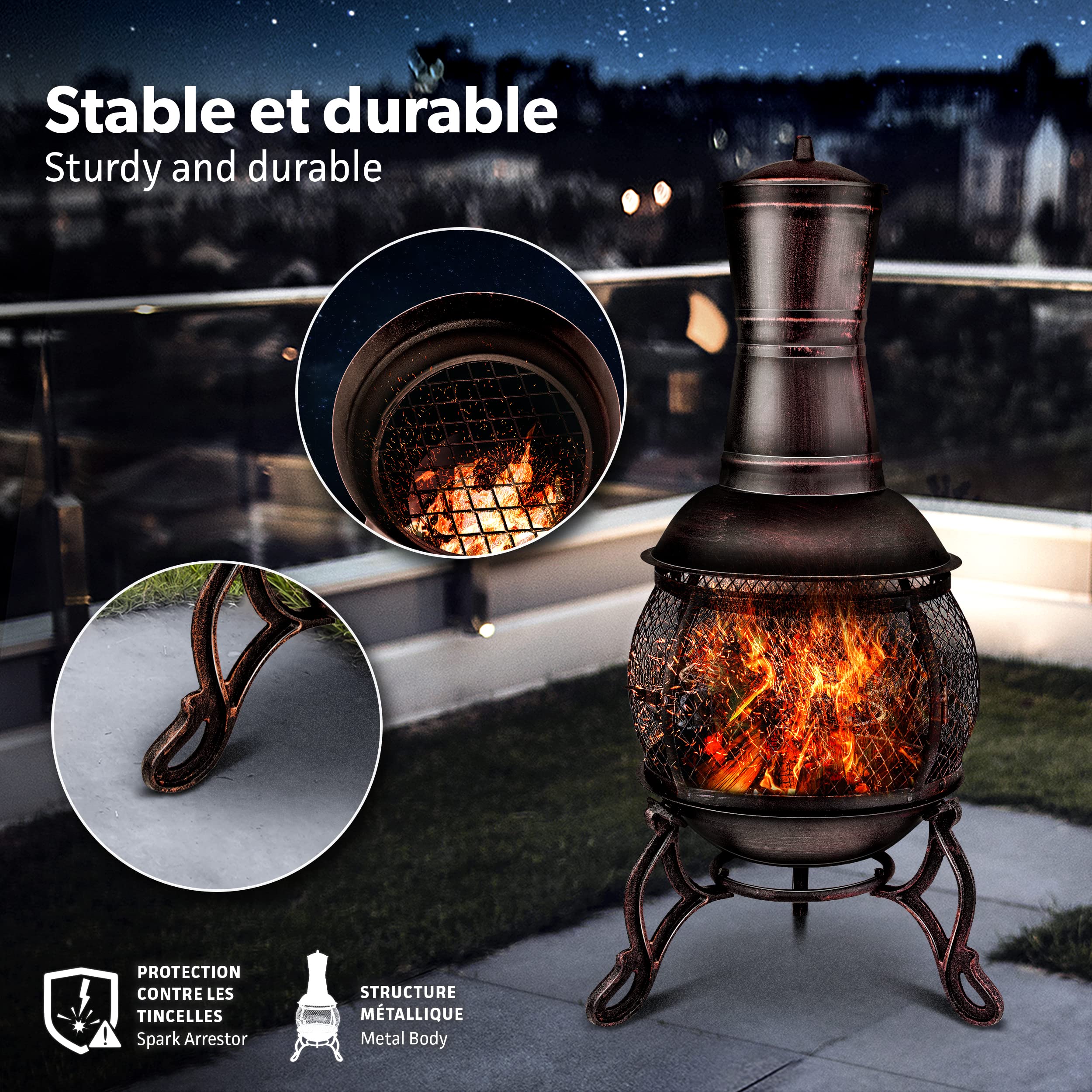 tillvex Cheminée de terrasse extérieure avec Grill | Brasero Mexicain avec Pare-étincelles | Chauffage de Jardin avec Housse | Poêle à Bois | Tisonnier + Grille, BBQ + Accessoires XXL