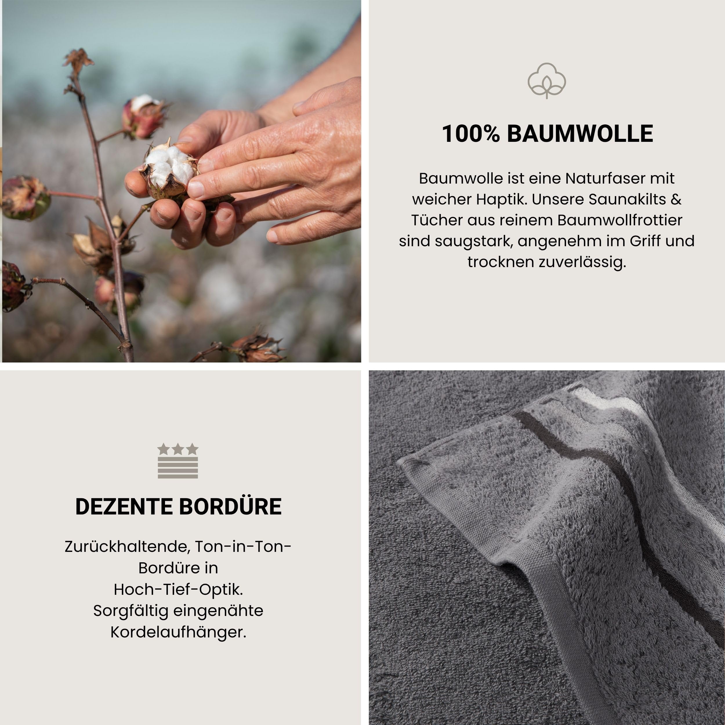 Badetuch | 2er Set | 100% Baumwolle | Dunkelgrau | Streifenbordüre | 70x140 cm | flauschig & saugstark | sorgfältig eingenähter Kordelaufhänger | OEKO-TEX® MADE IN GREEN