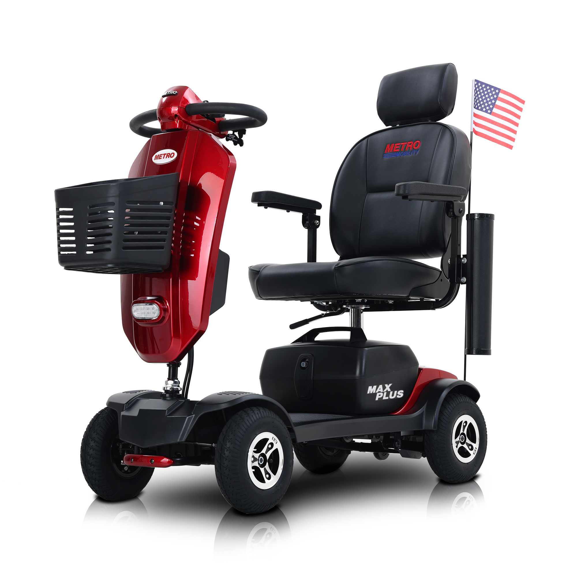 Folding Mobility Scooters for Seniors Adults, 4 Wheels Outdoor Compact Electric Powered Mobile Wheelchair Device for Elderly, Collapsible and Compact for Travel, Max Plus, Red